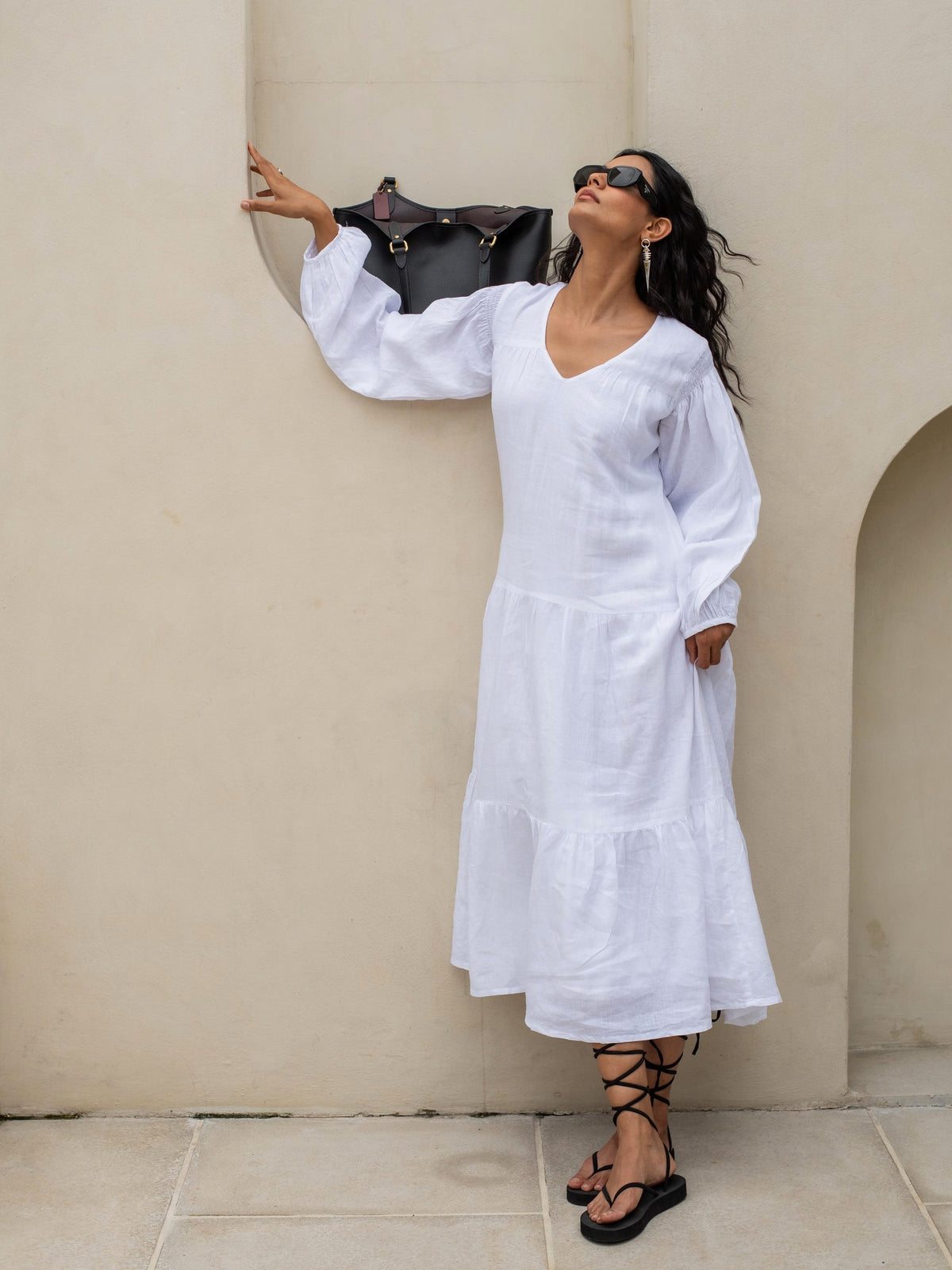 Tiered Linen Maxi Dress in white washed linen, Ellementree