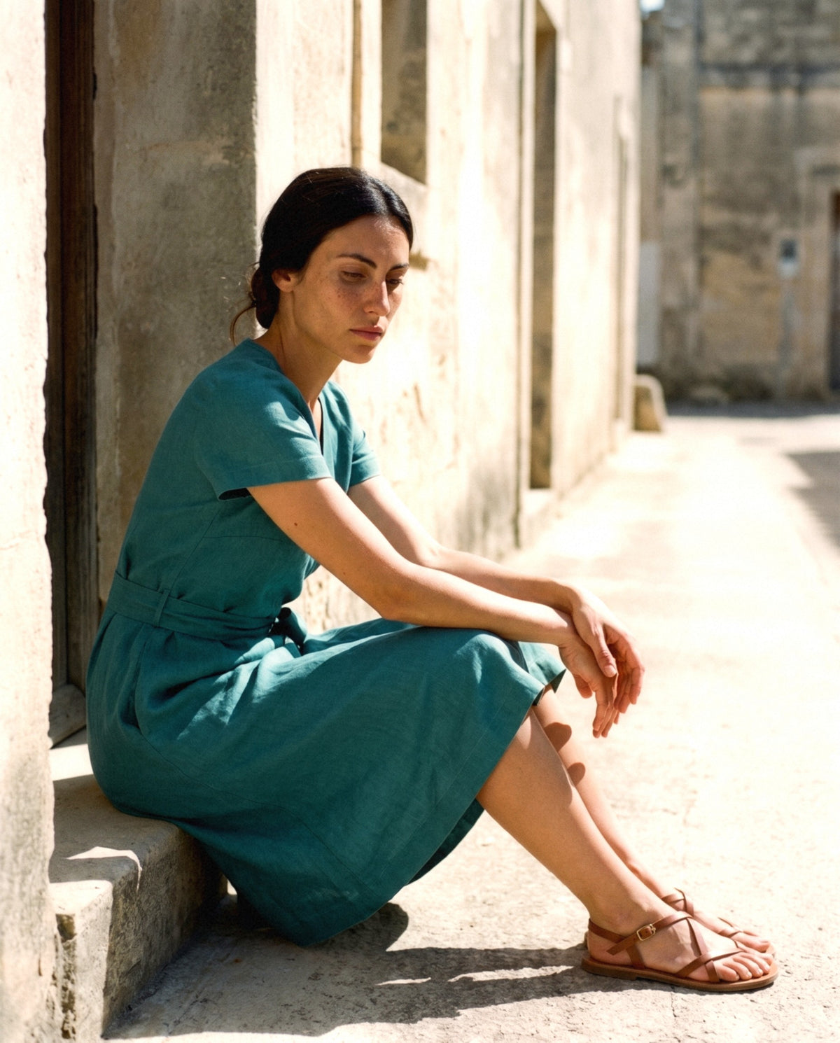 Wrap Linen Midi Dress, worn outdoors