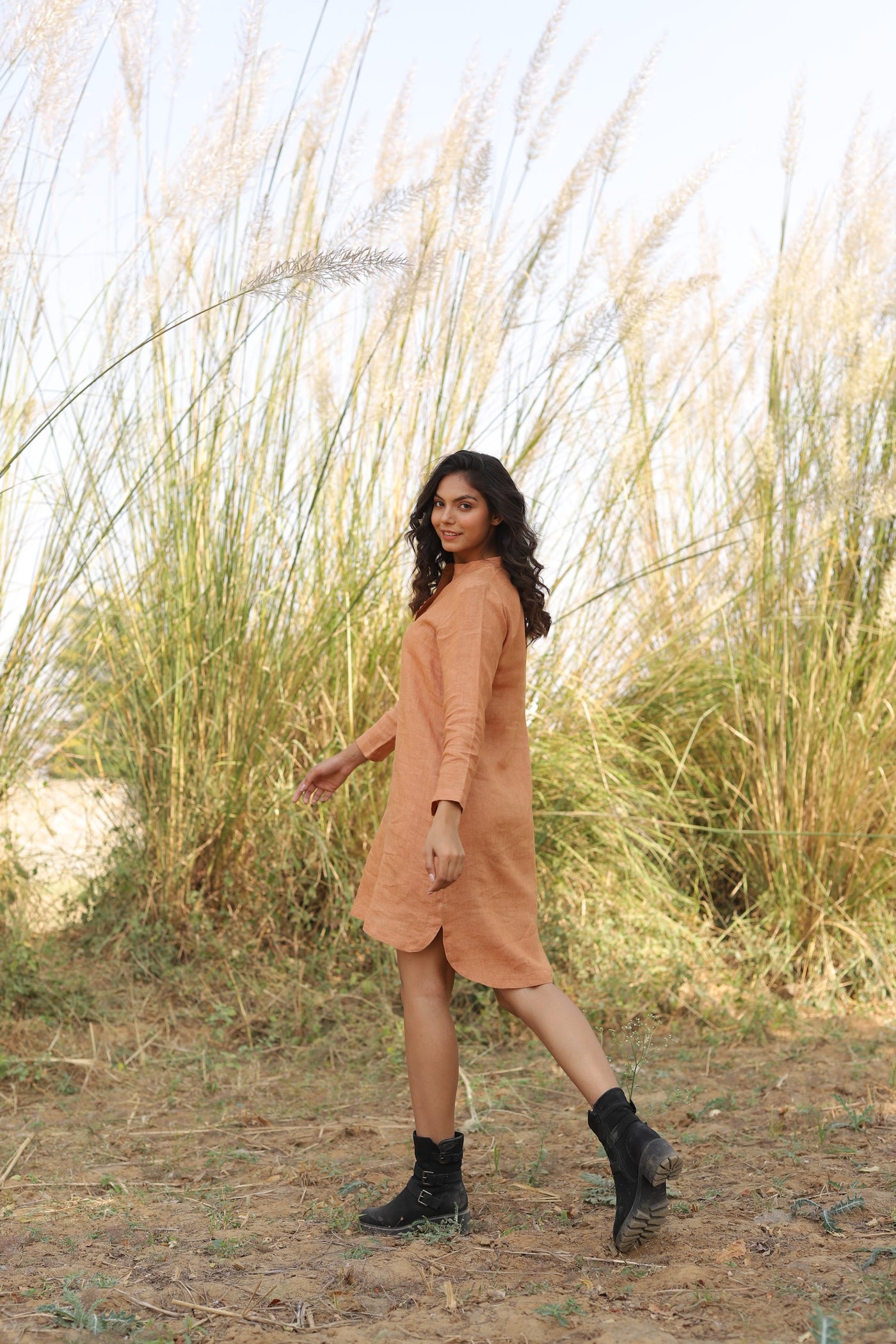 Terracotta long sleeve linen tunic in washed linen, photographed in Jaipur