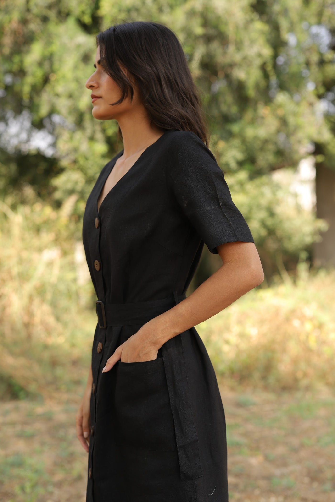 Black belted button front midi in washed linen, photographed in Jaipur