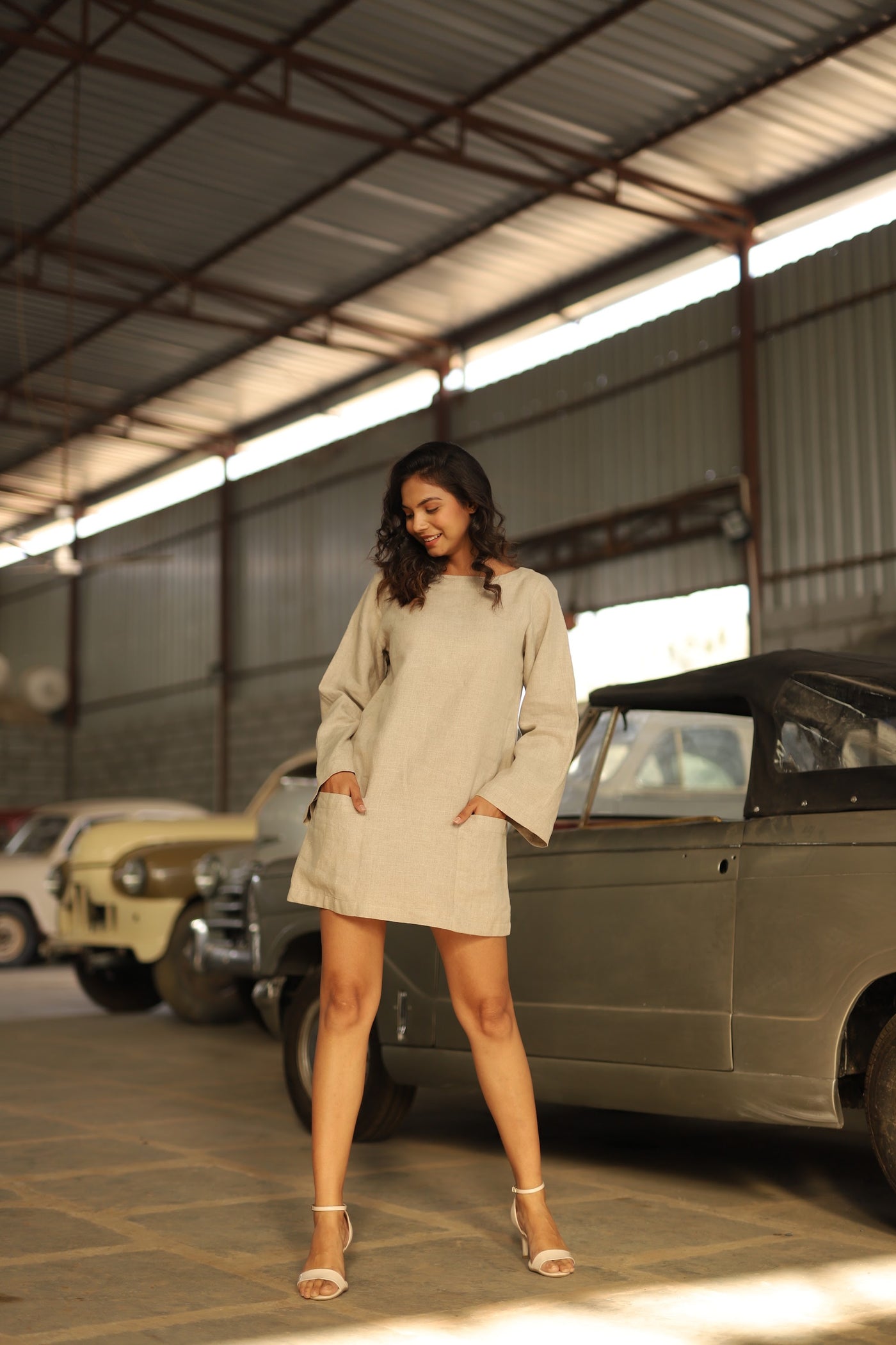 Sand oversized linen mini dress in washed linen, photographed in Jaipur