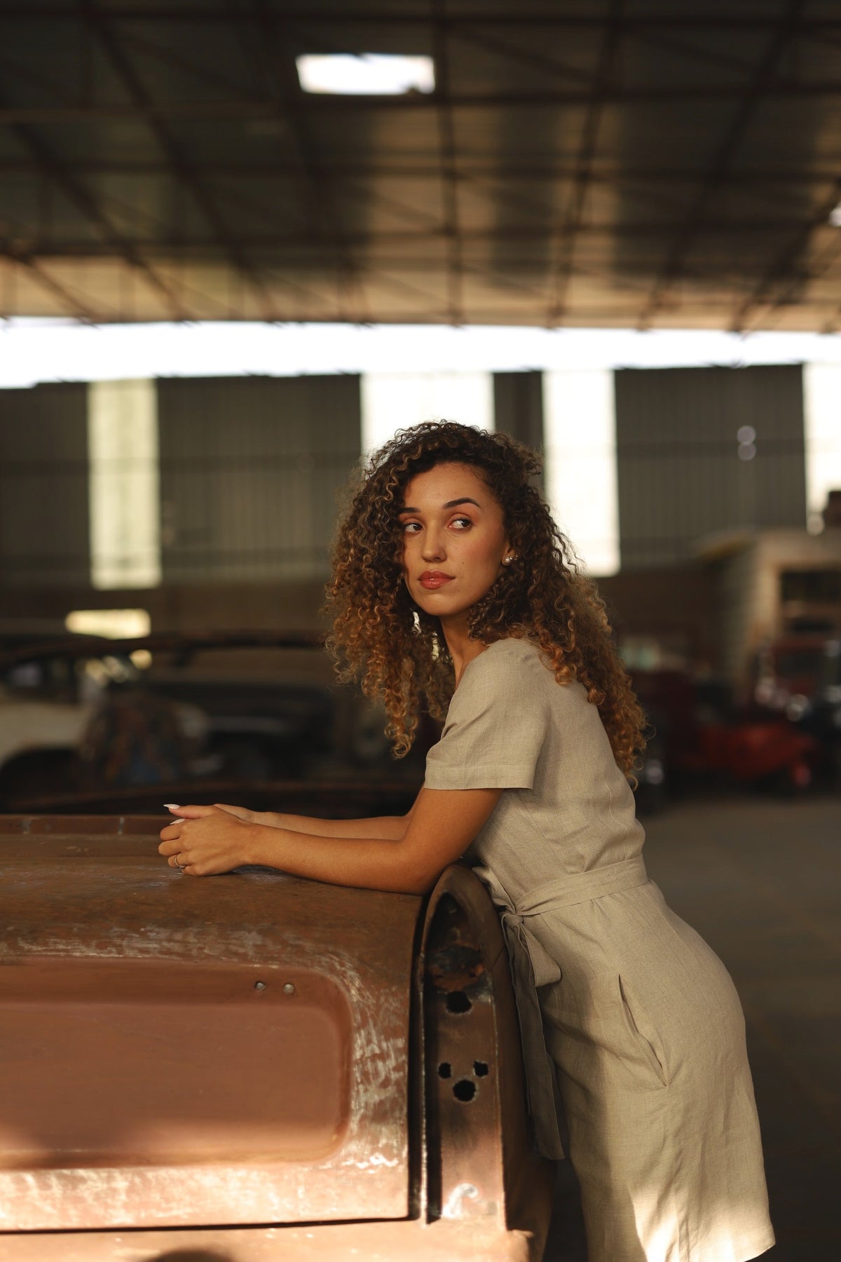 Sand linen playsuit in washed linen, photographed in Jaipur