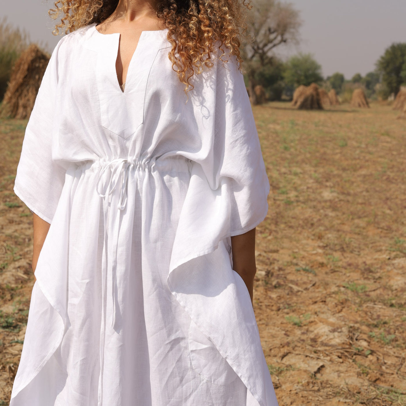 White batwing linen kaftan in washed linen, photographed in Jaipur