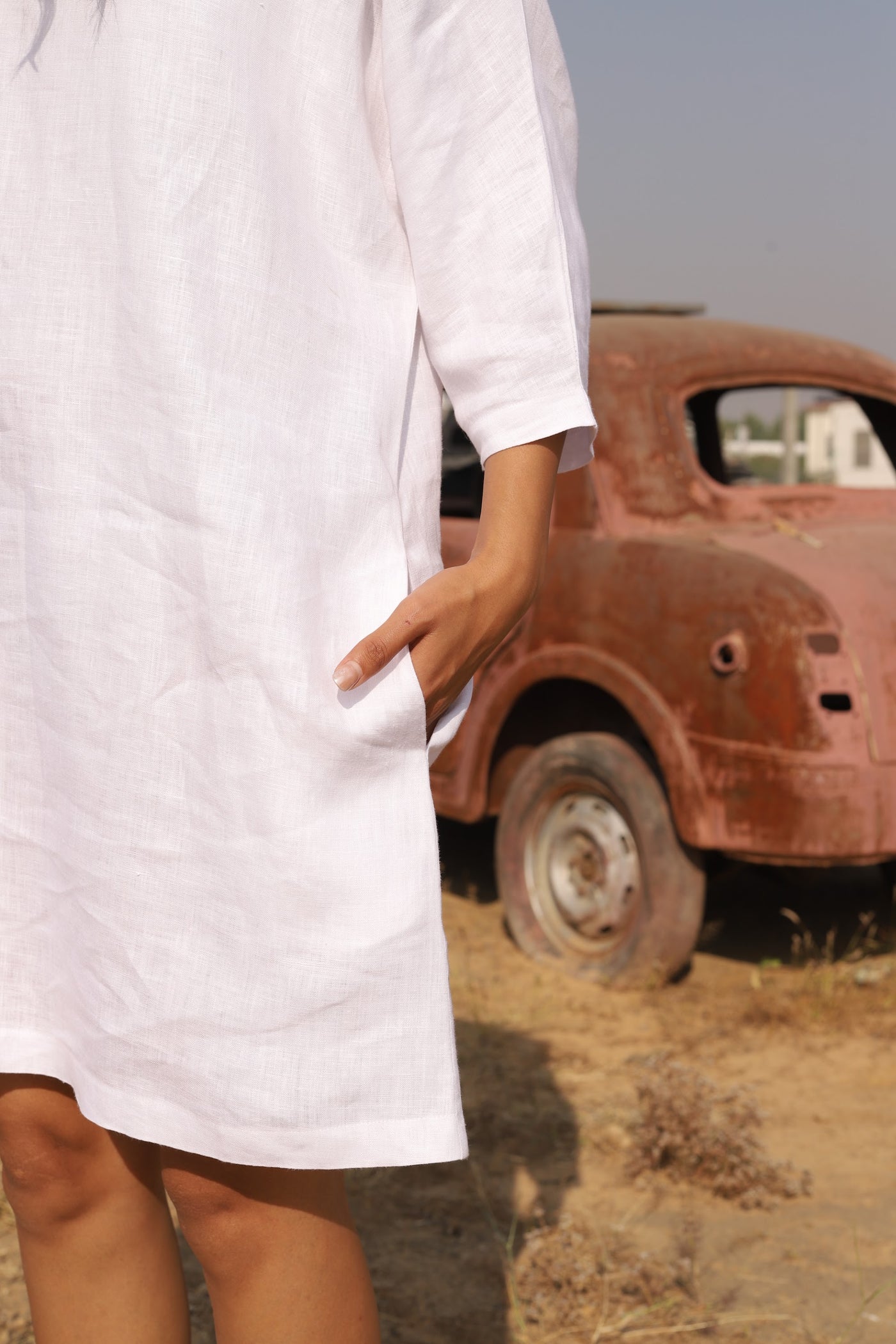White oversized linen shift in washed linen, photographed in Jaipur