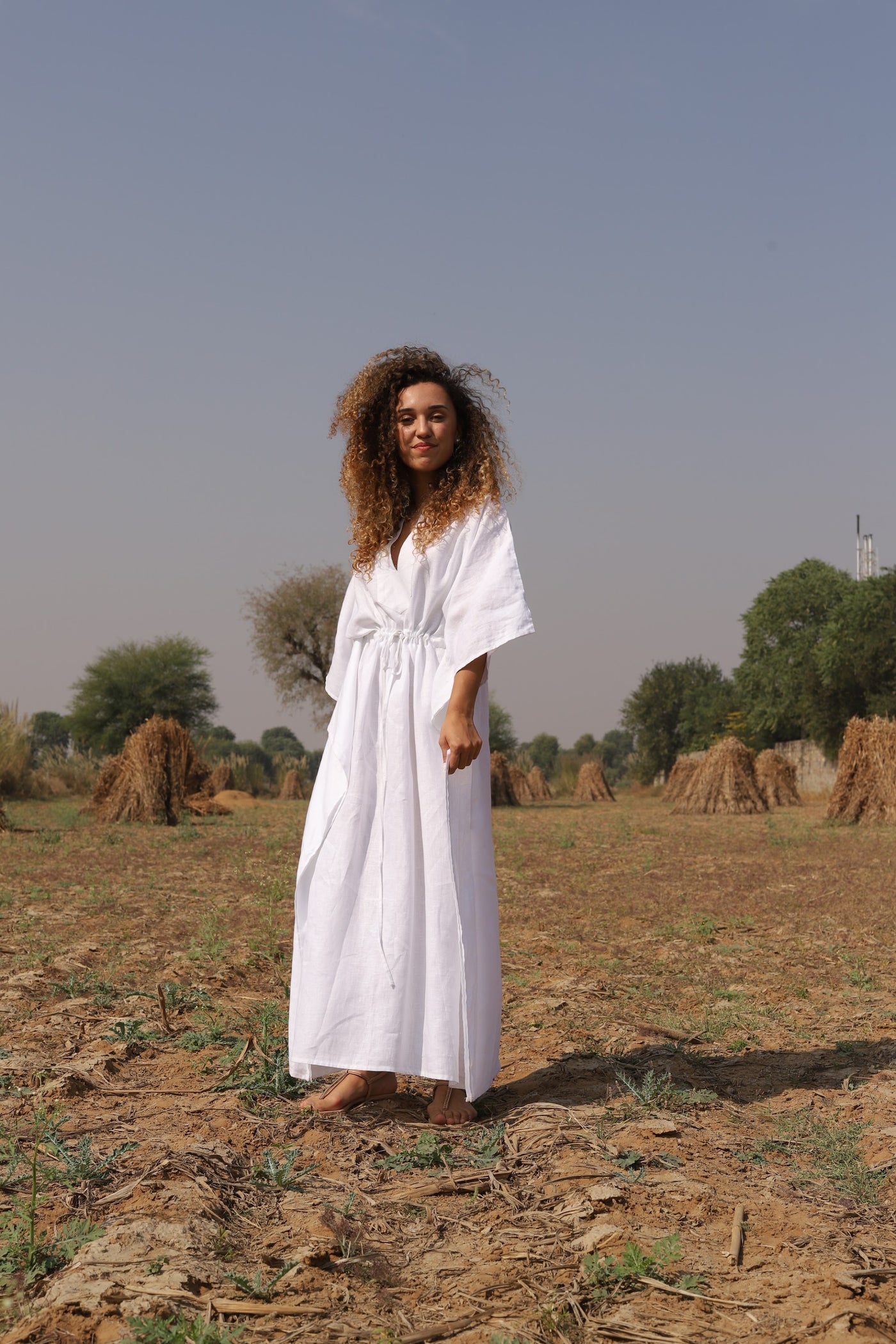 White batwing linen kaftan in washed linen, photographed in Jaipur