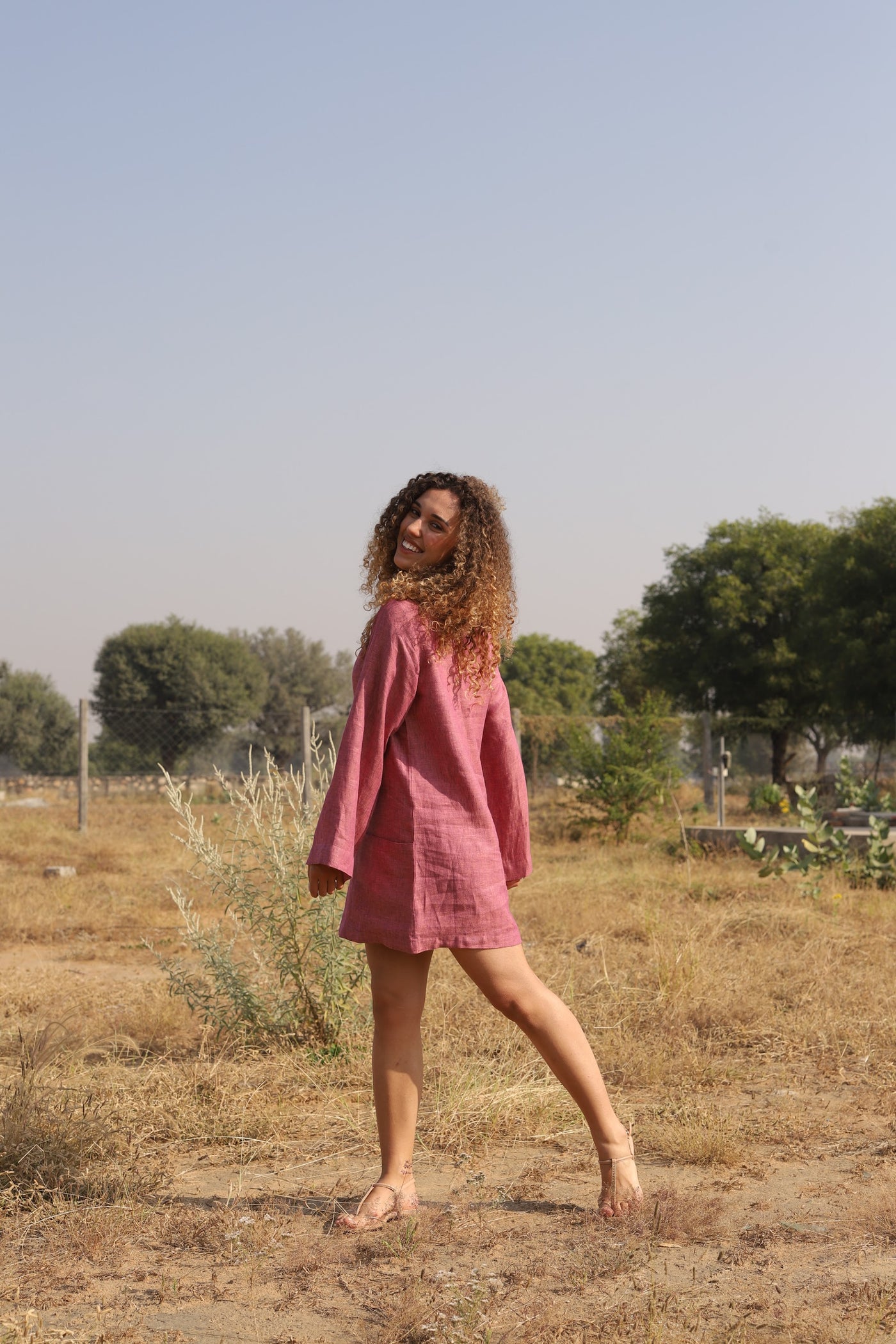 Rose oversized linen shift in washed linen, photographed in Jaipur