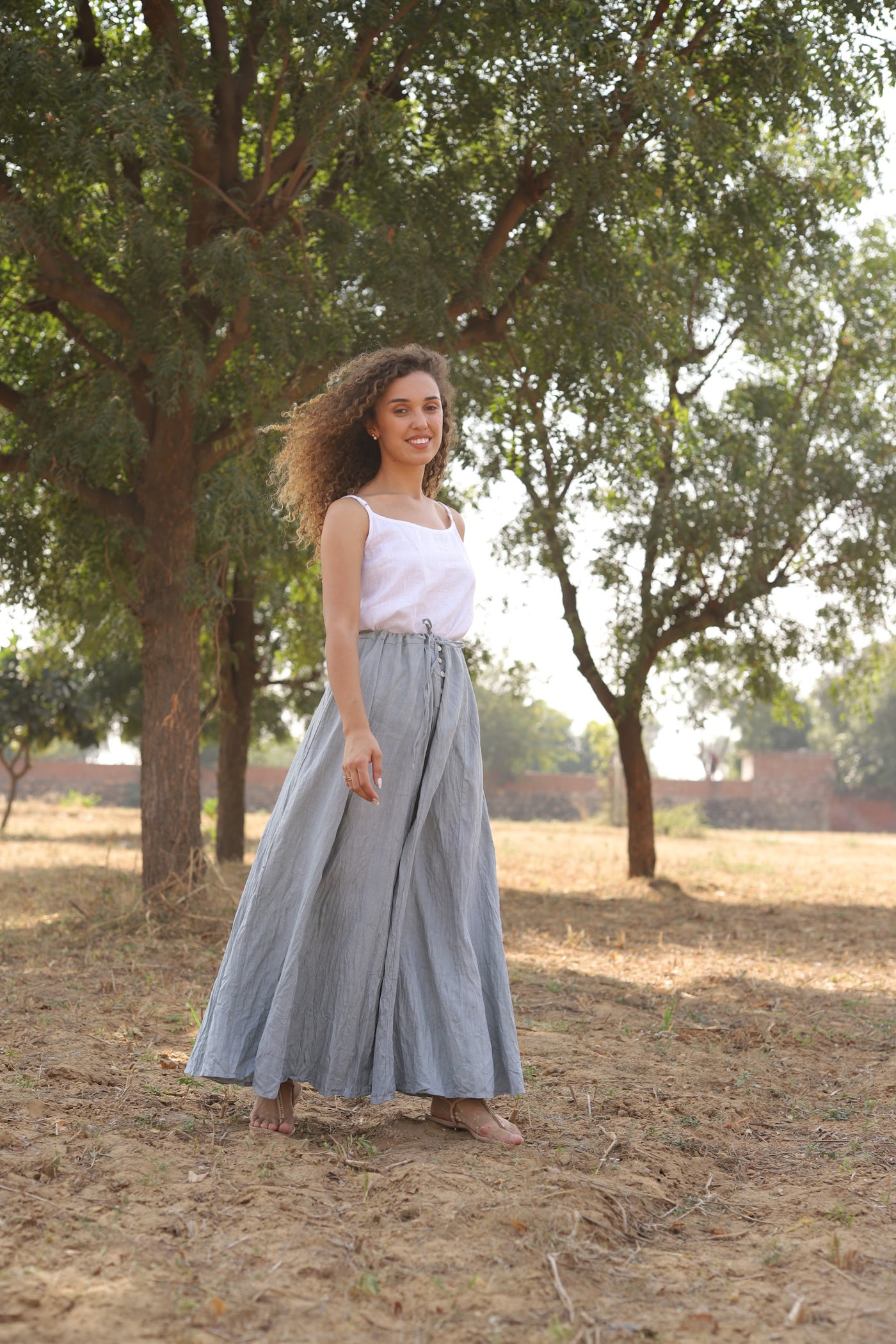 Chambray wrap linen maxi skirt in washed linen, photographed in Jaipur