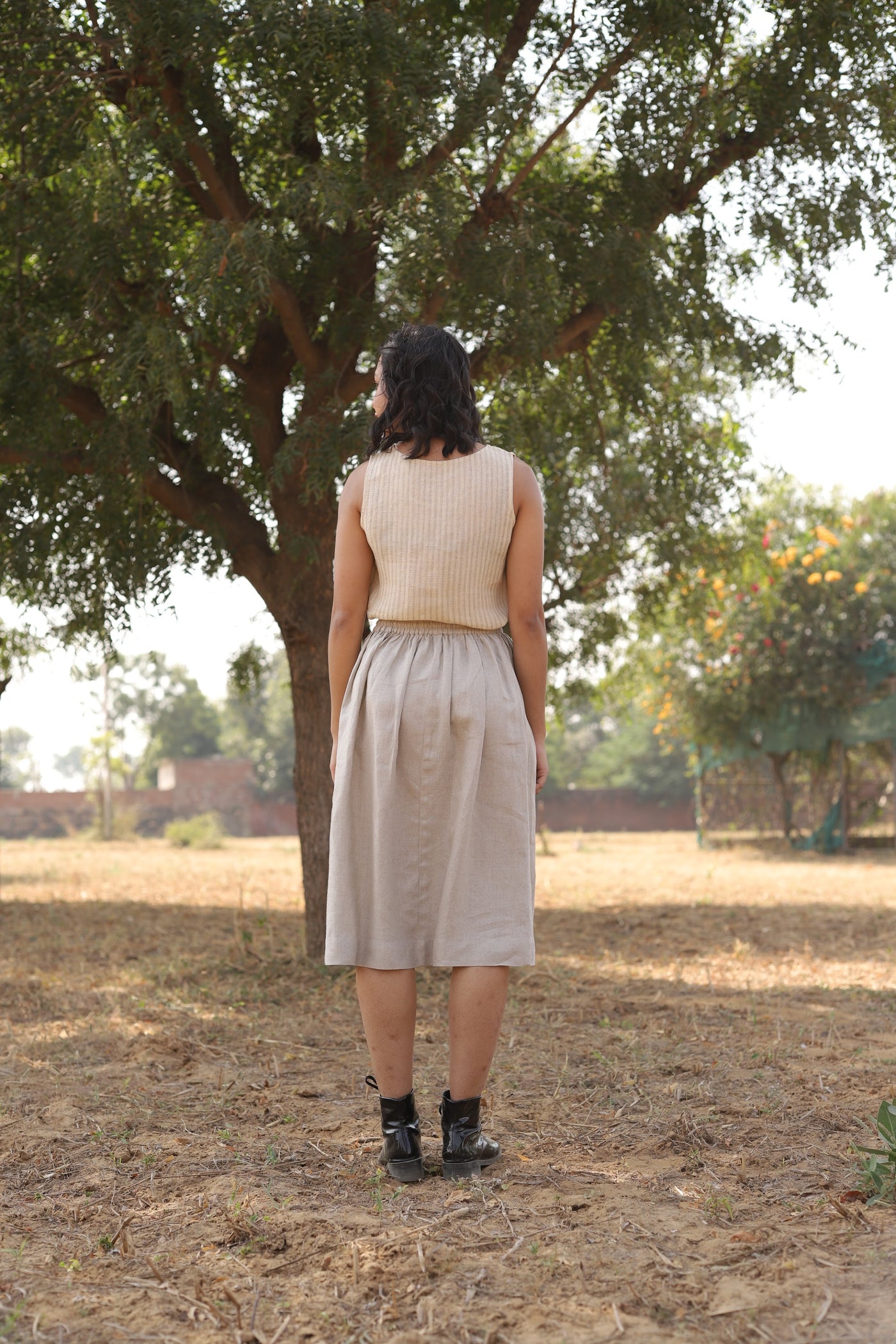 Natural gathered linen midi skirt in washed linen, photographed in Jaipur