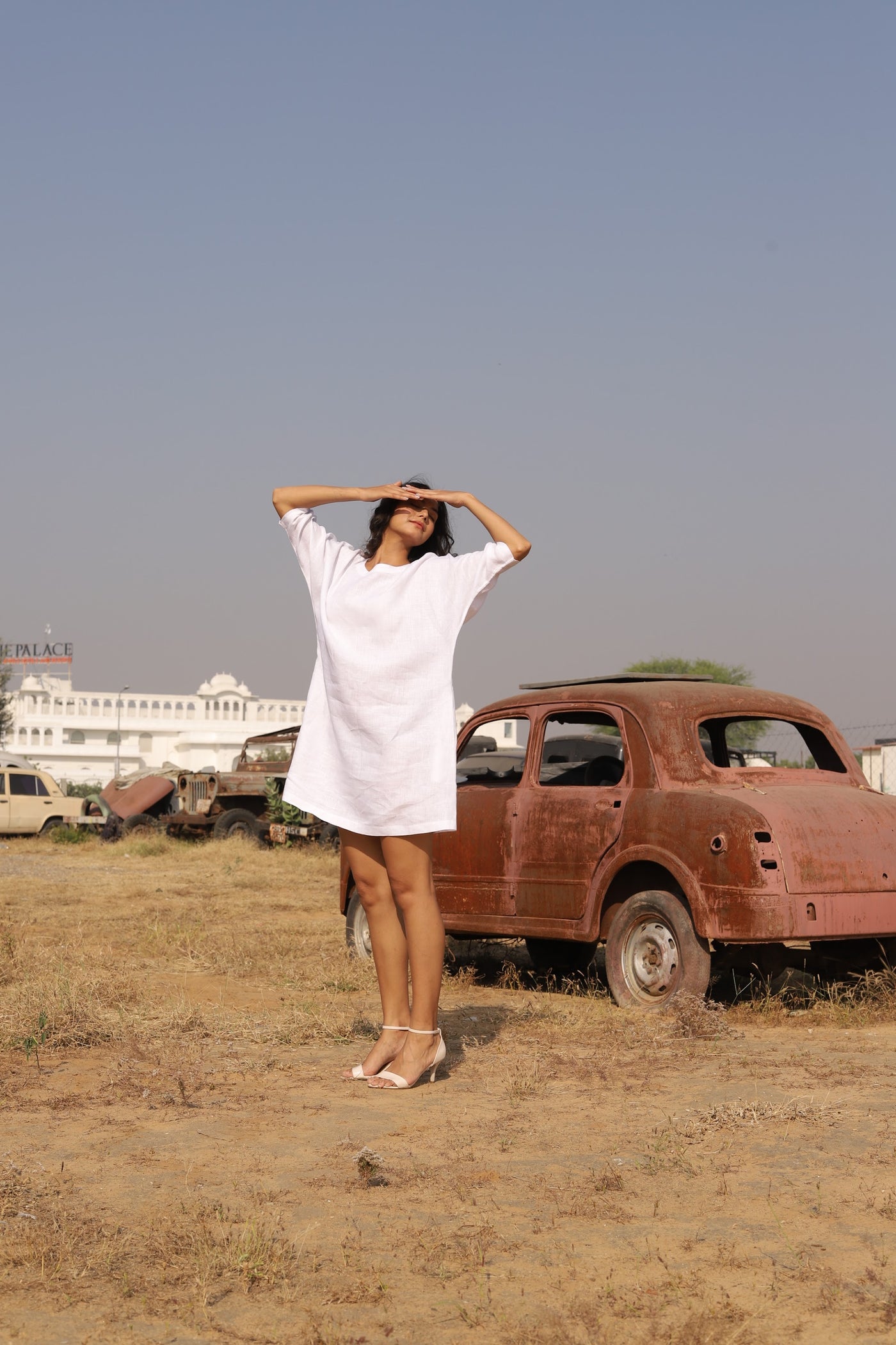 White oversized linen shift in washed linen, photographed in Jaipur