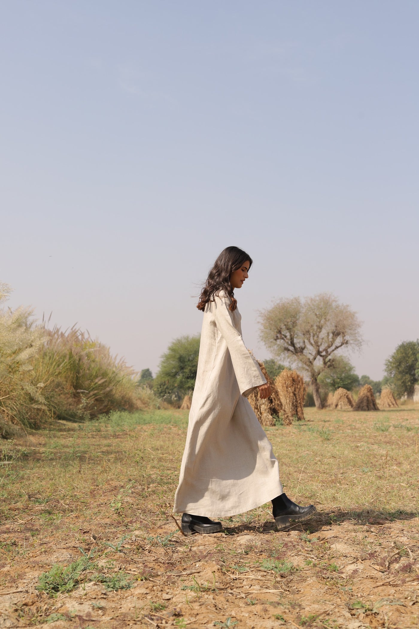 Natural long sleeve linen kaftan in washed linen, photographed in Jaipur