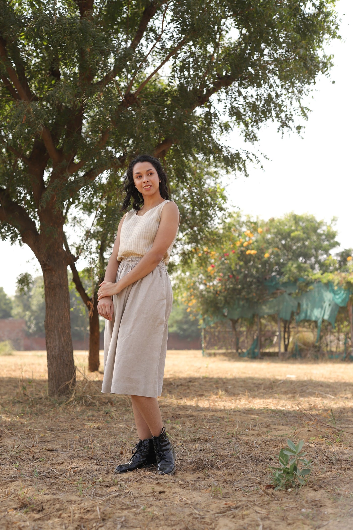Natural gathered linen midi skirt in washed linen, photographed in Jaipur