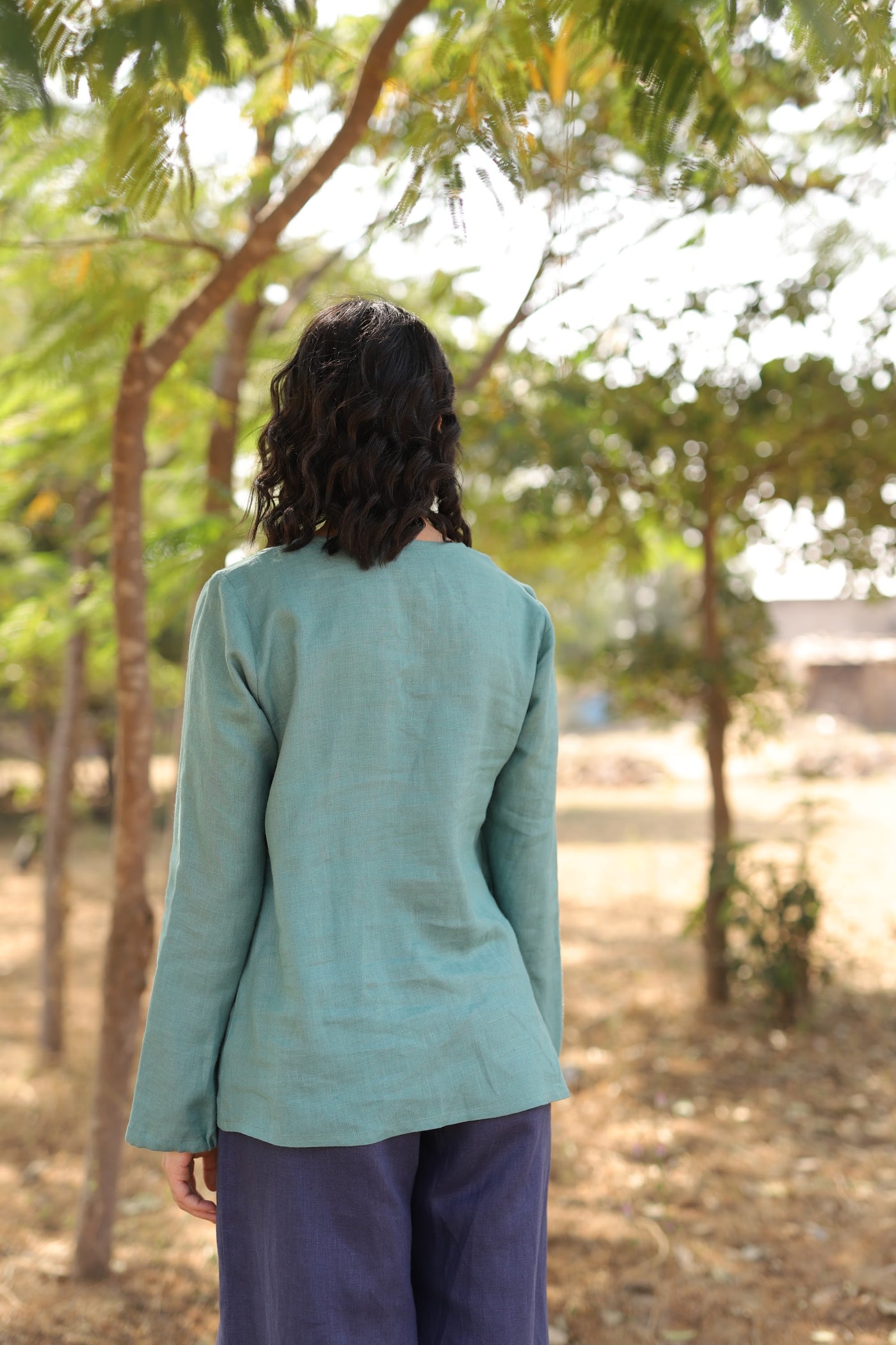 Sea Green linen tunic and trouser set in washed linen, photographed in Jaipur