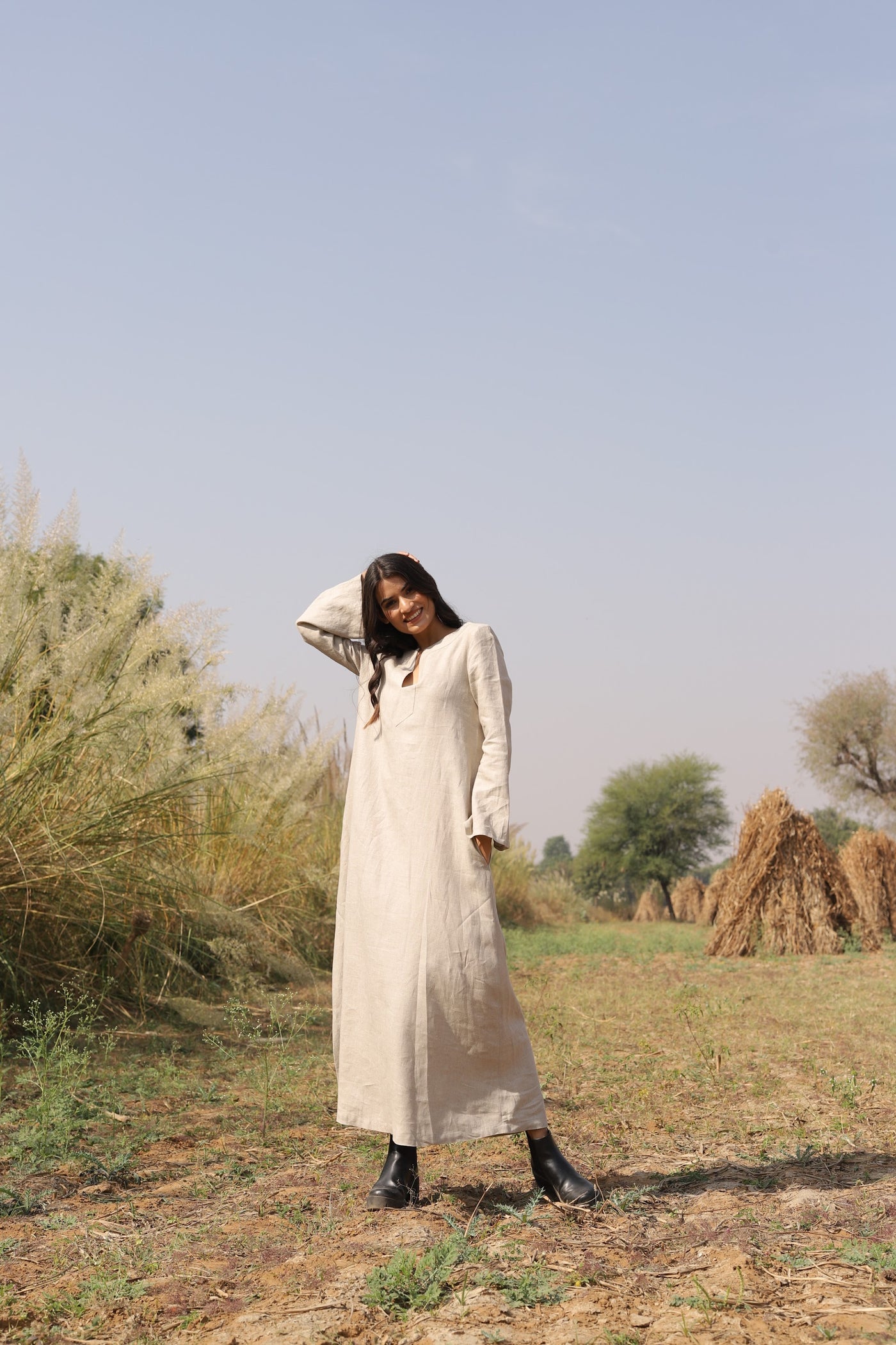 Natural long sleeve linen kaftan in washed linen, photographed in Jaipur