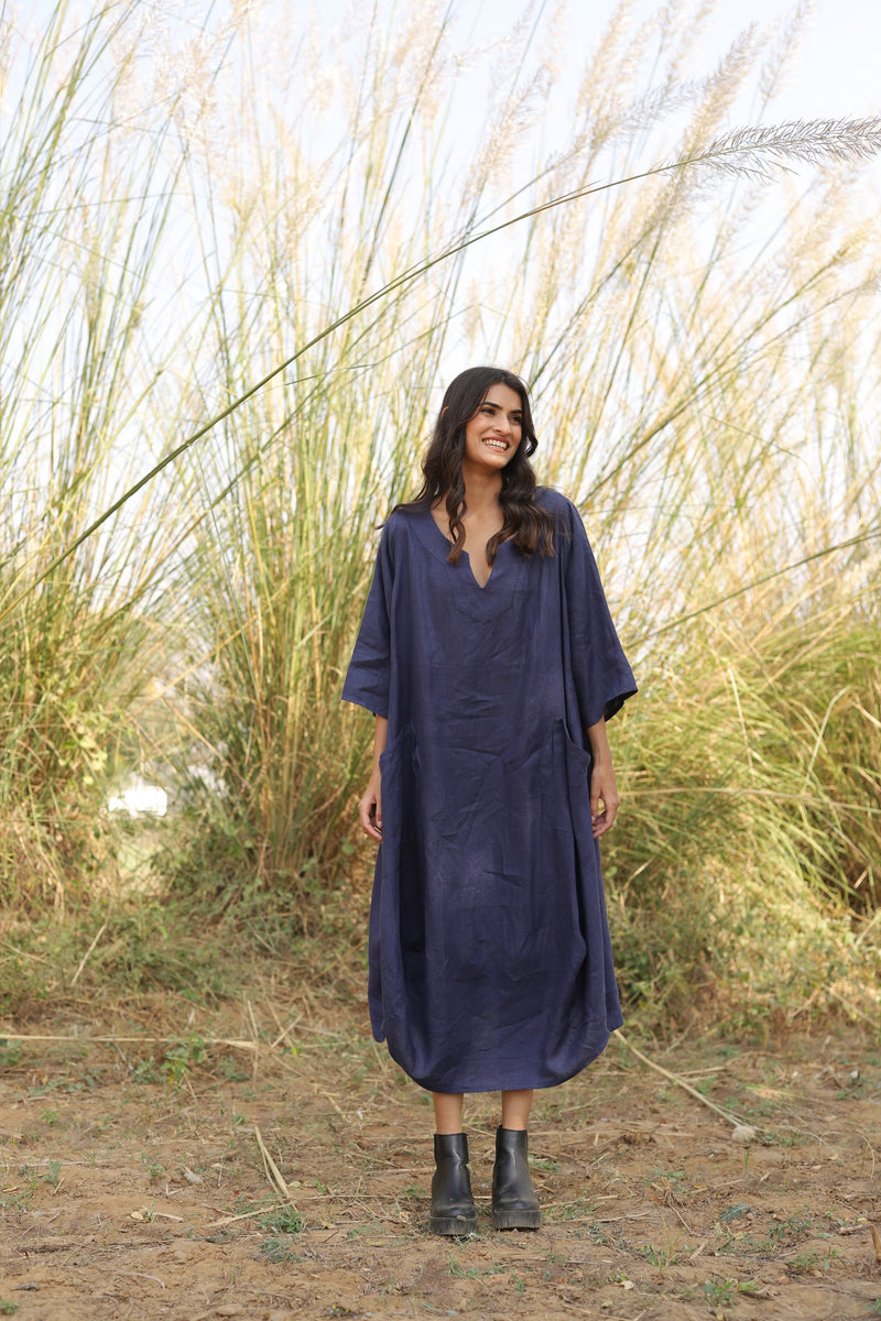 Navy batwing linen kaftan in washed linen, photographed in Jaipur
