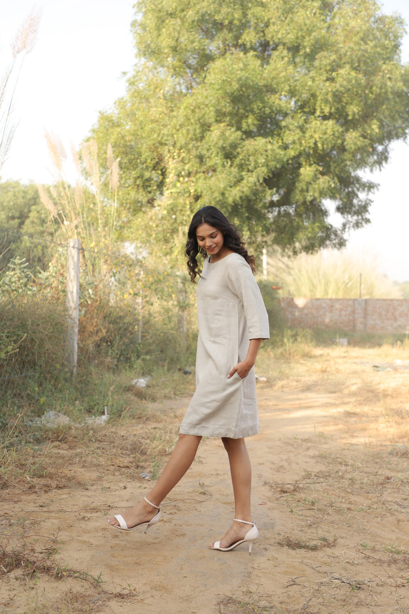 Oatmeal boat neck linen shift in washed linen, photographed in Jaipur