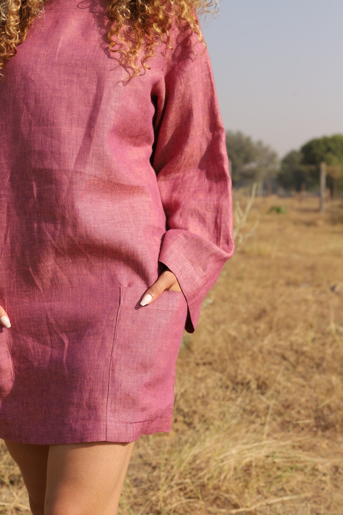 Rose oversized linen shift in washed linen, photographed in Jaipur