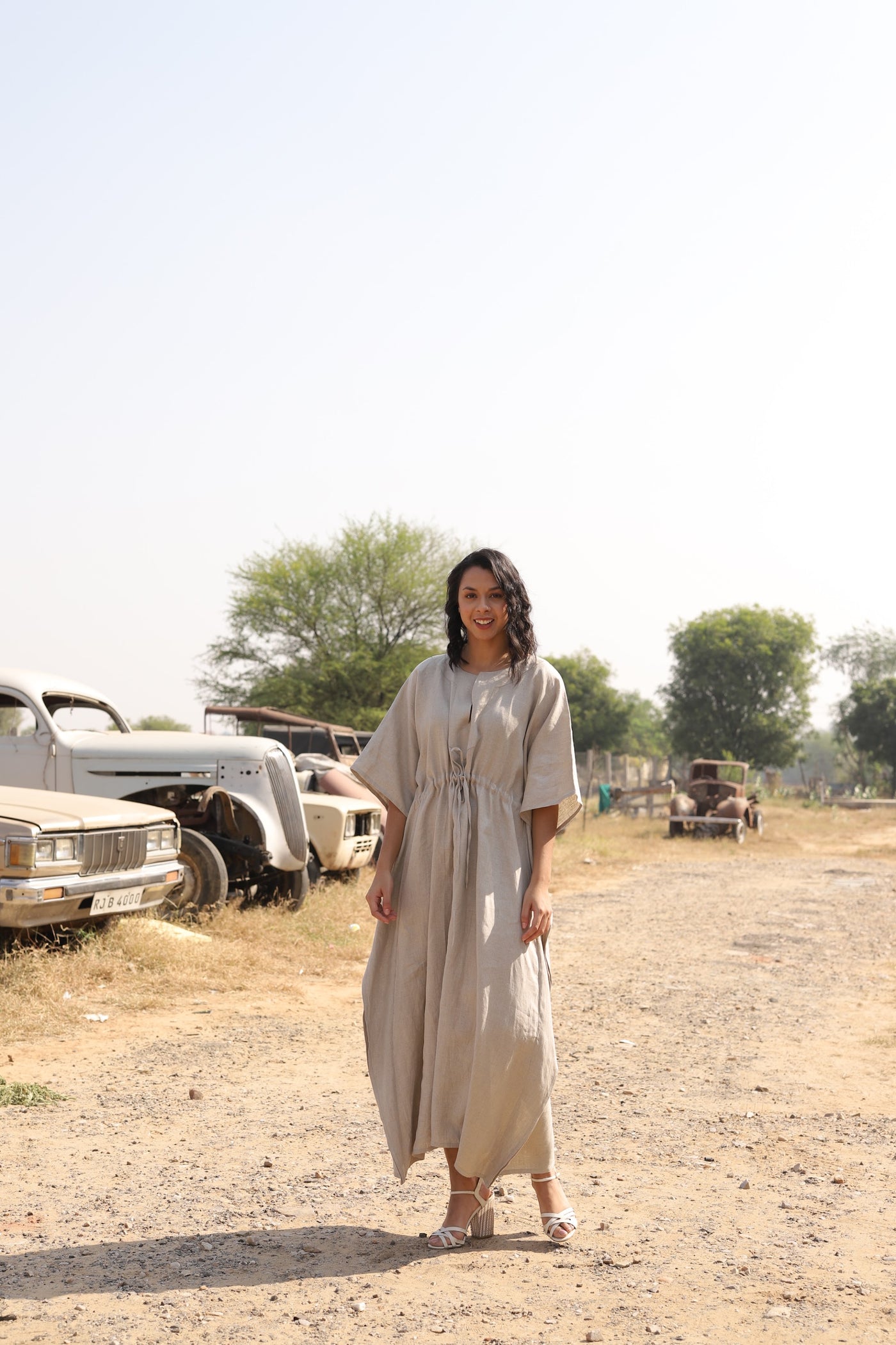 Natural drawstring linen kaftan in washed linen, photographed in Jaipur