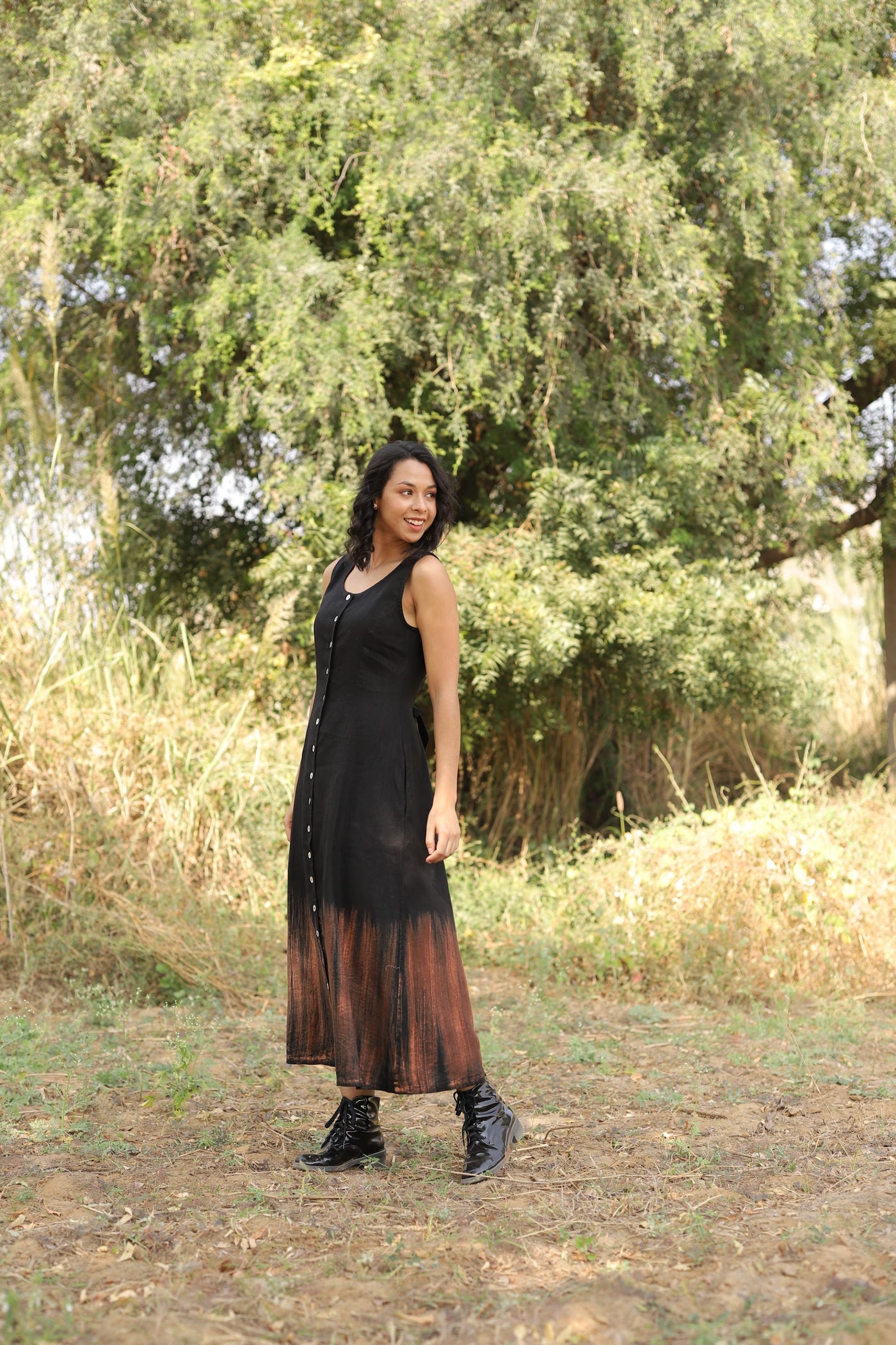 Black button front linen midi in washed linen, photographed in Jaipur