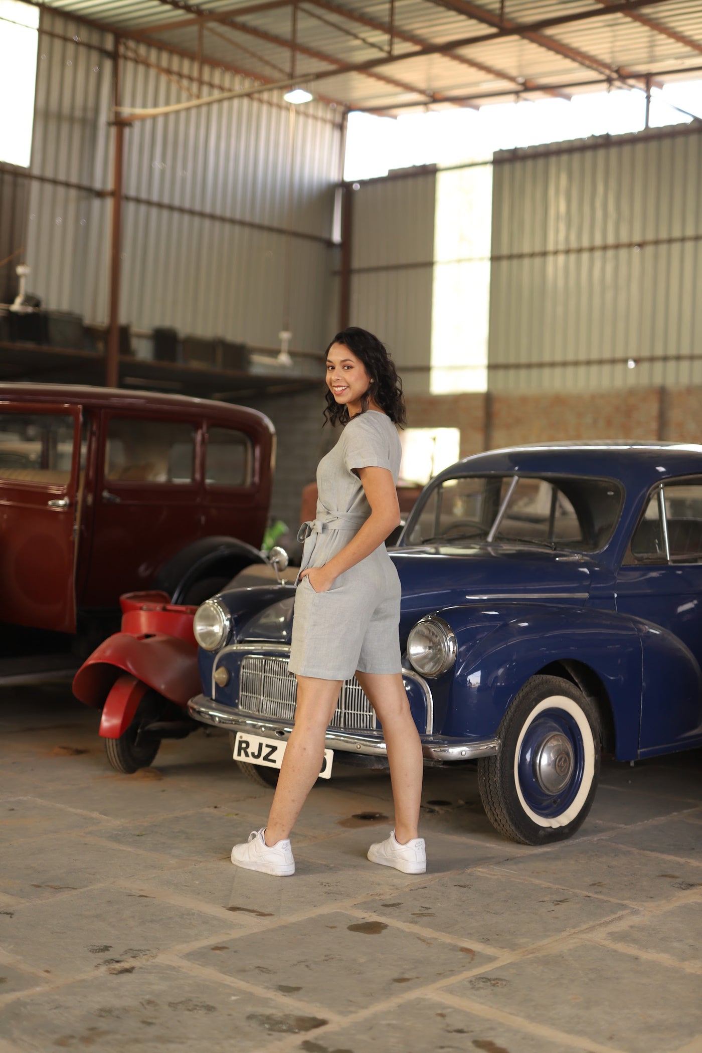 Grey linen playsuit in washed linen, photographed in Jaipur
