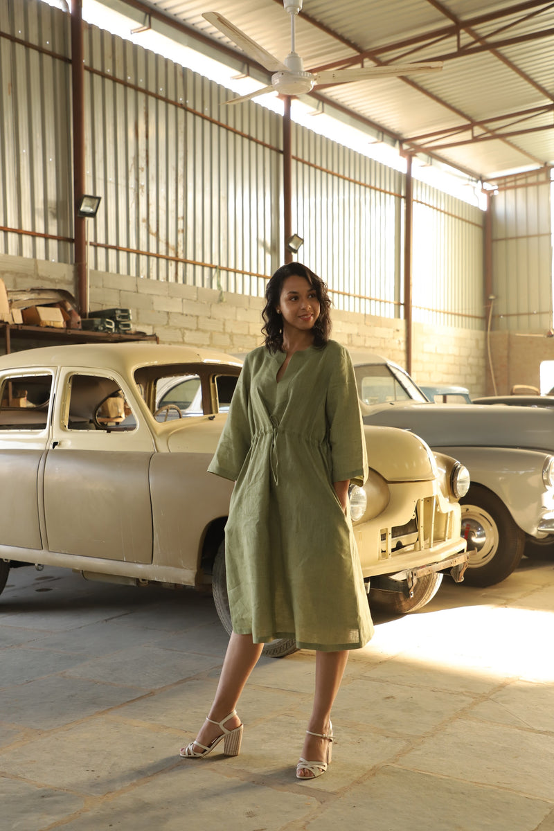 Olive kimono sleeve linen dress in washed linen, photographed in Jaipur
