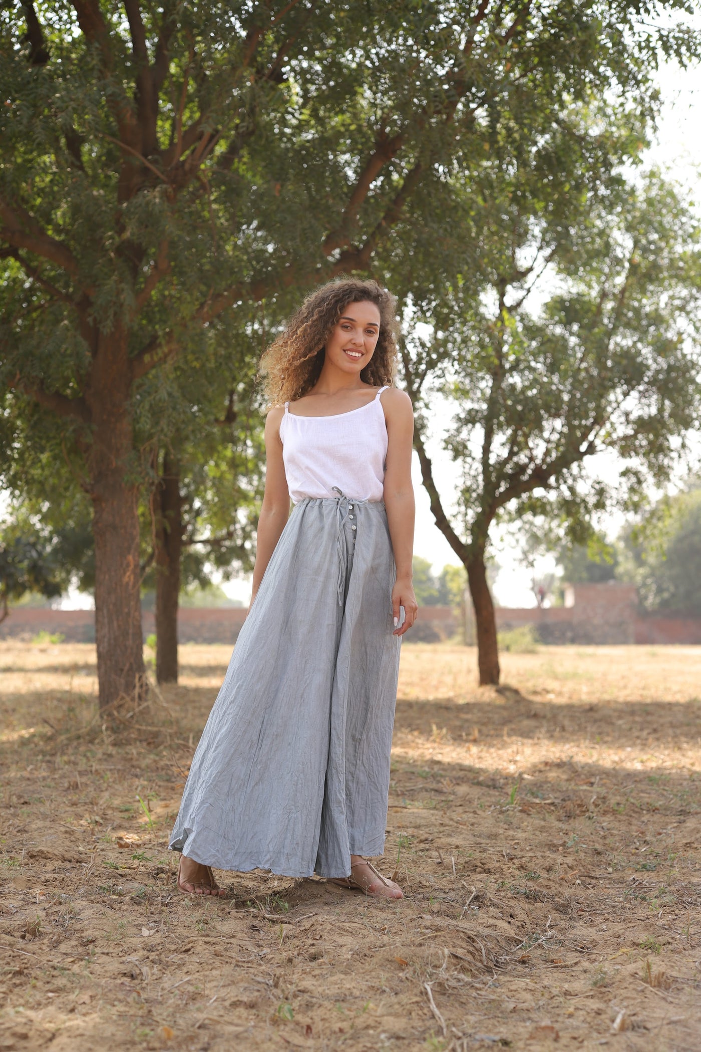 Chambray wrap linen maxi skirt in washed linen, photographed in Jaipur