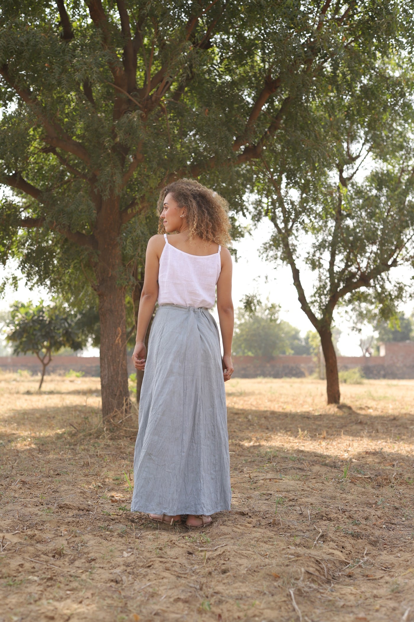 Chambray wrap linen maxi skirt in washed linen, photographed in Jaipur
