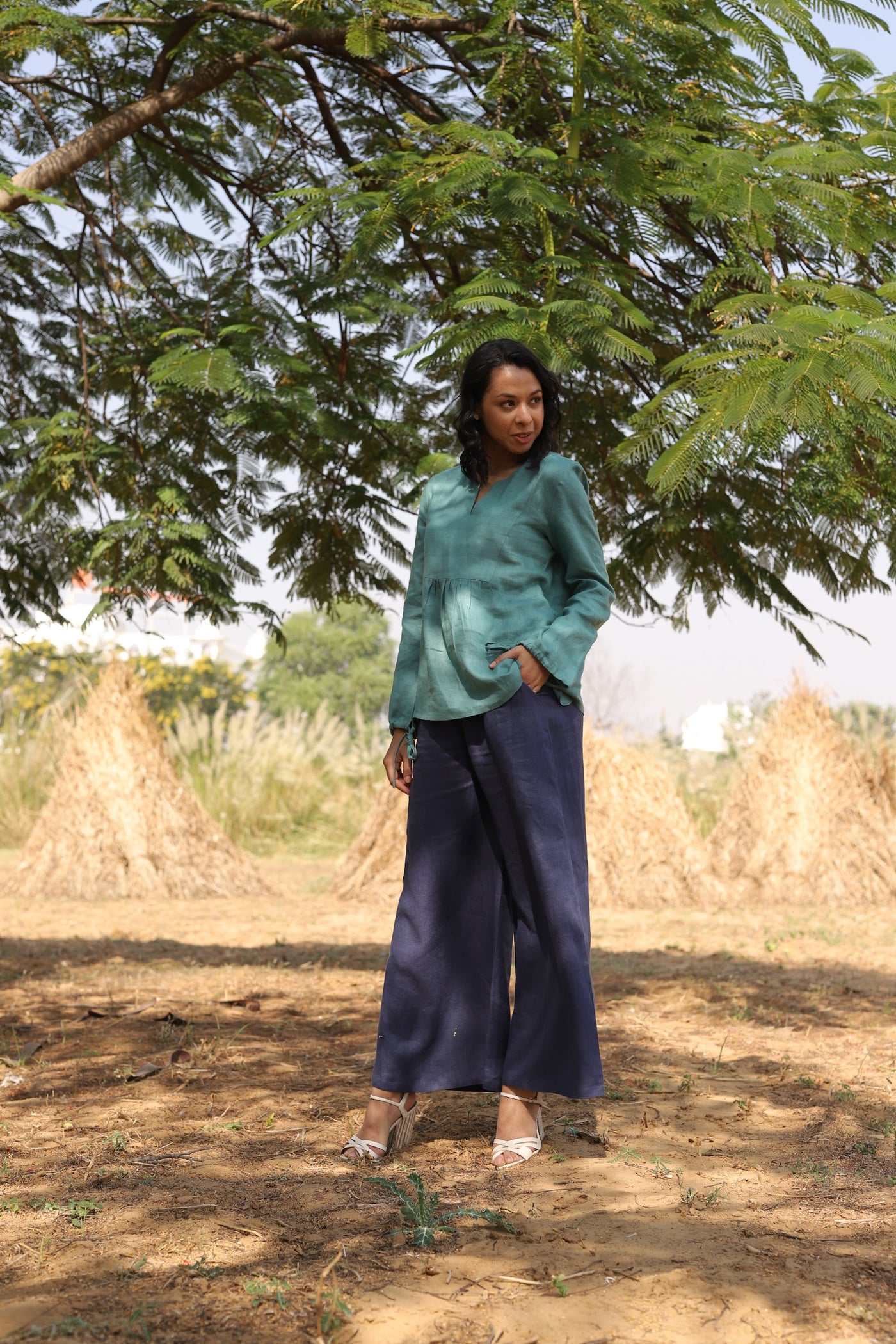 Sea Green linen tunic and trouser set in washed linen, photographed in Jaipur