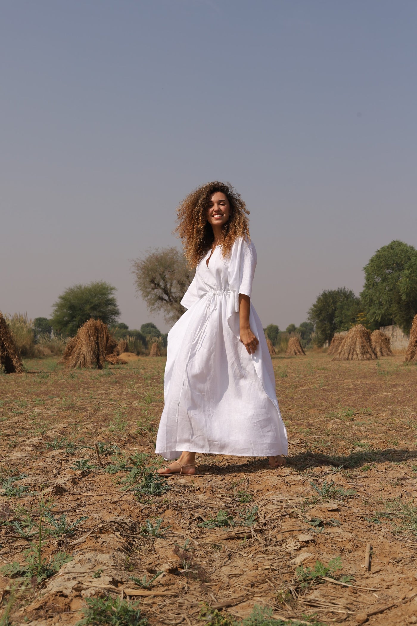 White batwing linen kaftan in washed linen, photographed in Jaipur