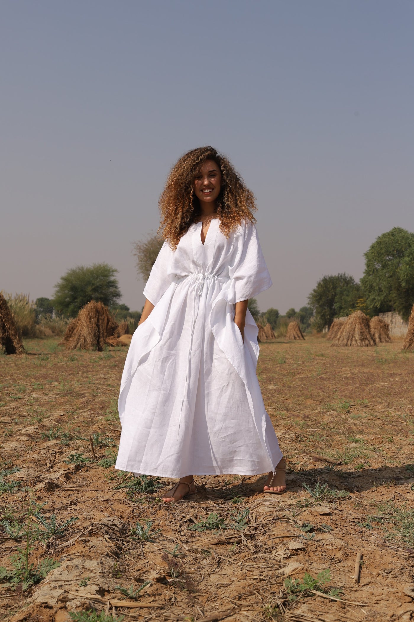 White batwing linen kaftan in washed linen, photographed in Jaipur