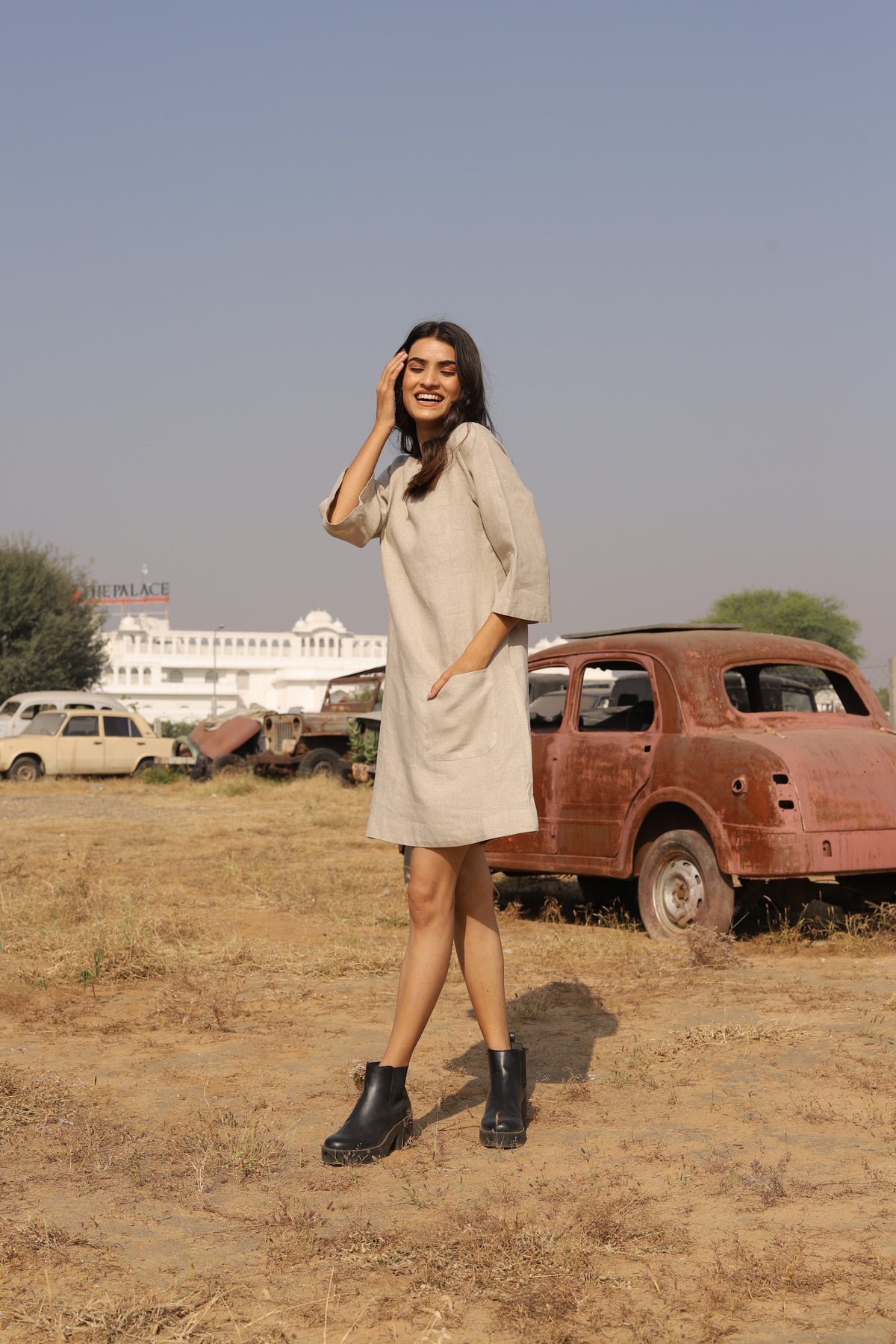 Natural boxy linen shift in washed linen, photographed in Jaipur