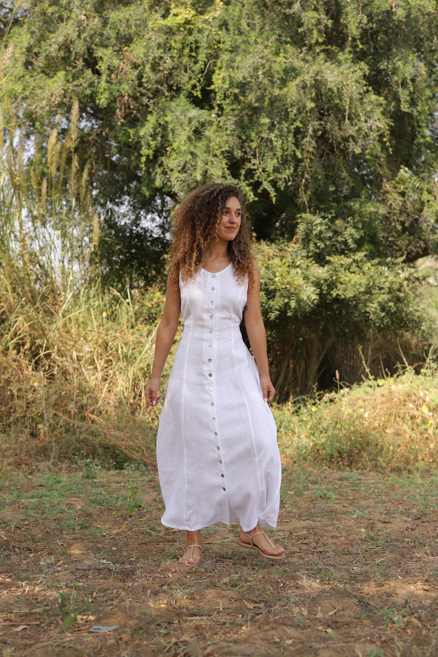 White button front linen midi in washed linen, photographed in Jaipur