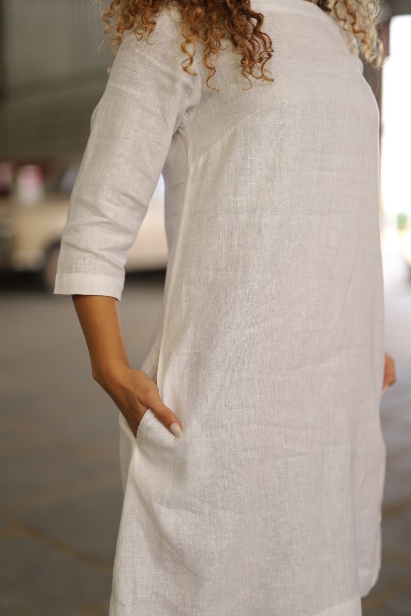 Ivory oversized linen shift in washed linen, photographed in Jaipur
