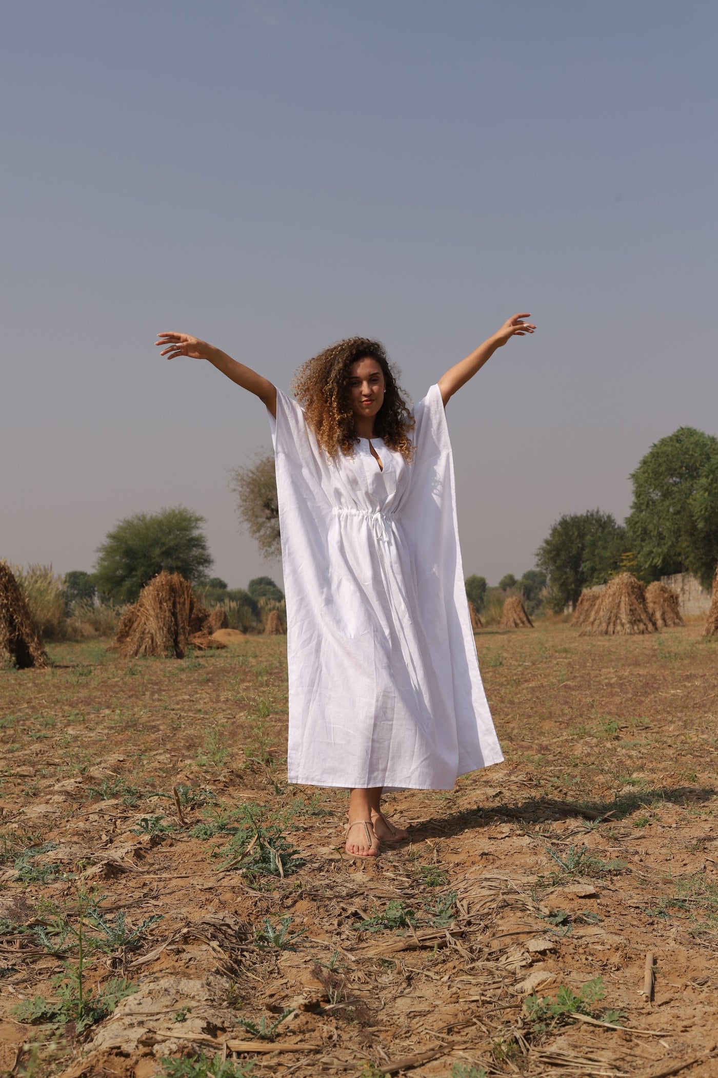 White batwing linen kaftan in washed linen, photographed in Jaipur