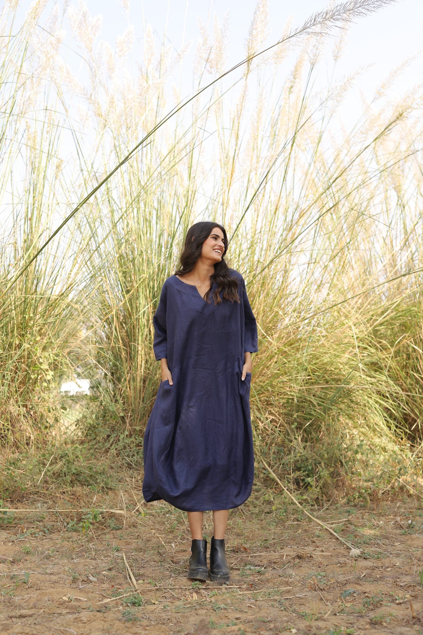 Navy batwing linen kaftan in washed linen, photographed in Jaipur