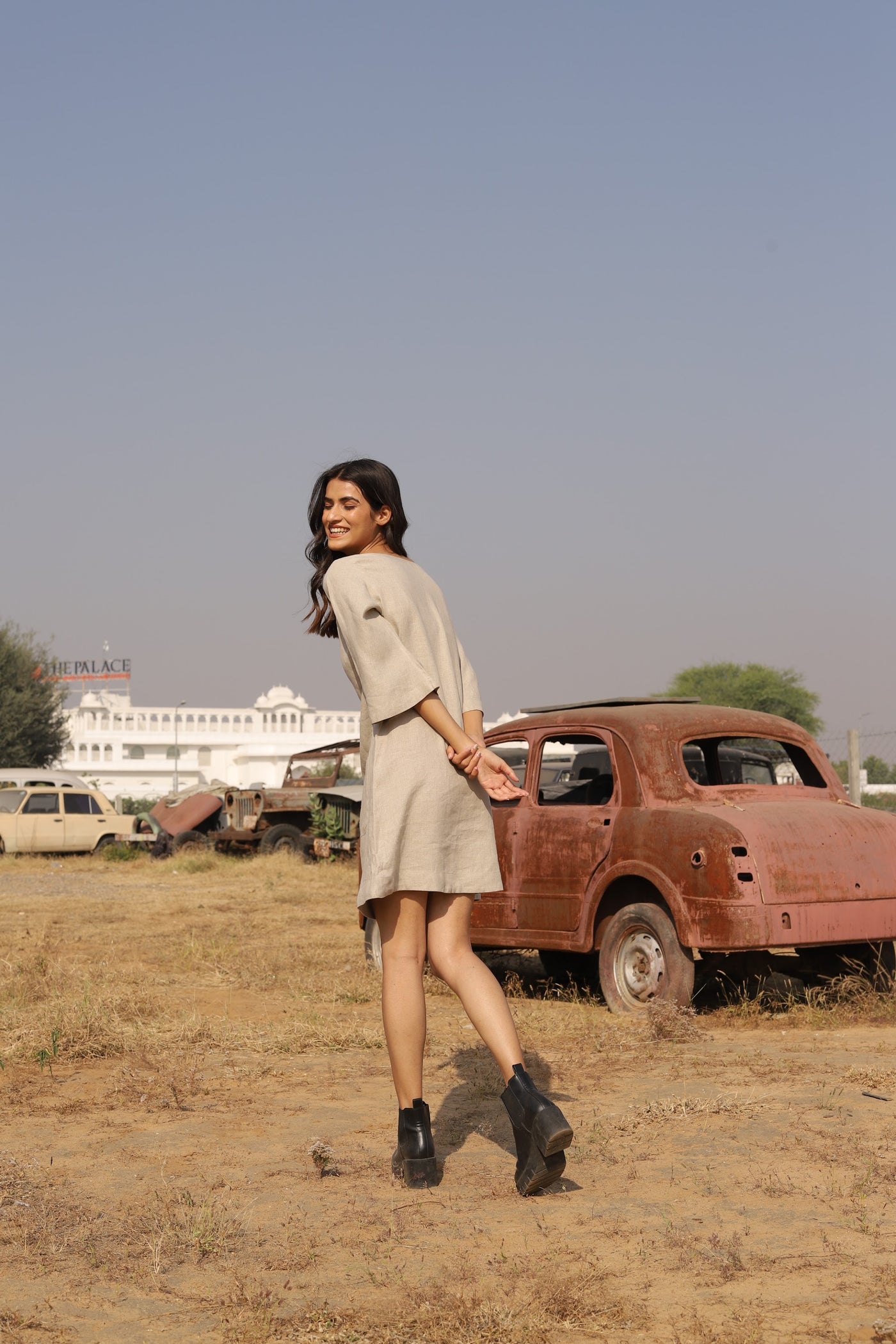 Natural boxy linen shift in washed linen, photographed in Jaipur