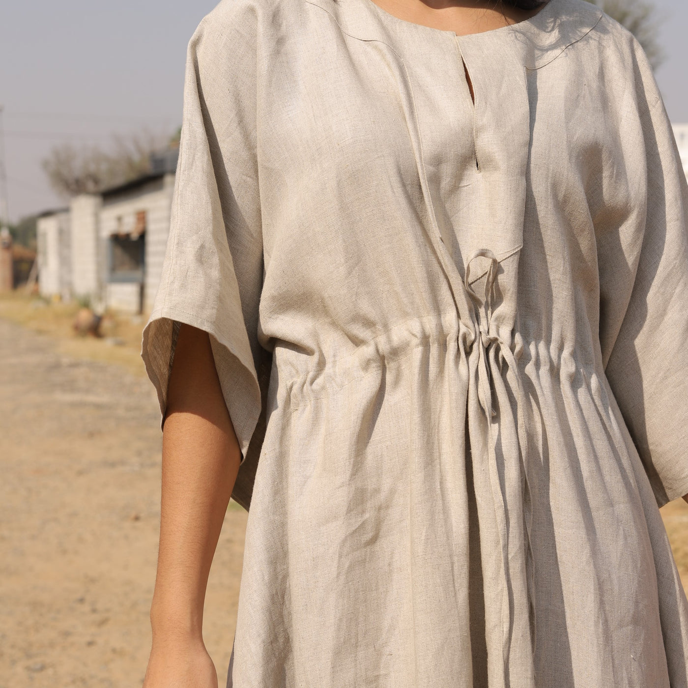 Natural drawstring linen kaftan in washed linen, photographed in Jaipur