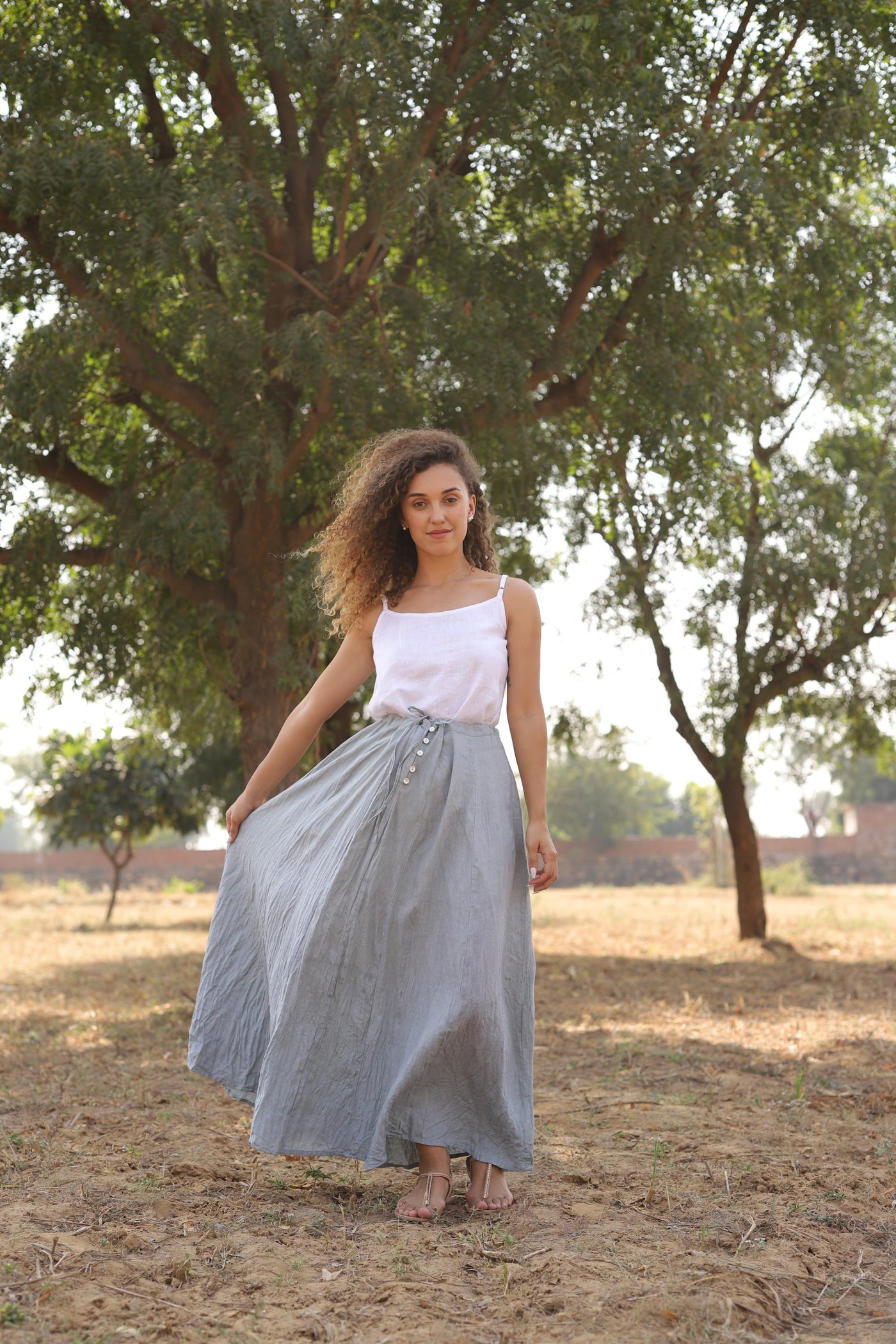 Chambray wrap linen maxi skirt in washed linen, photographed in Jaipur