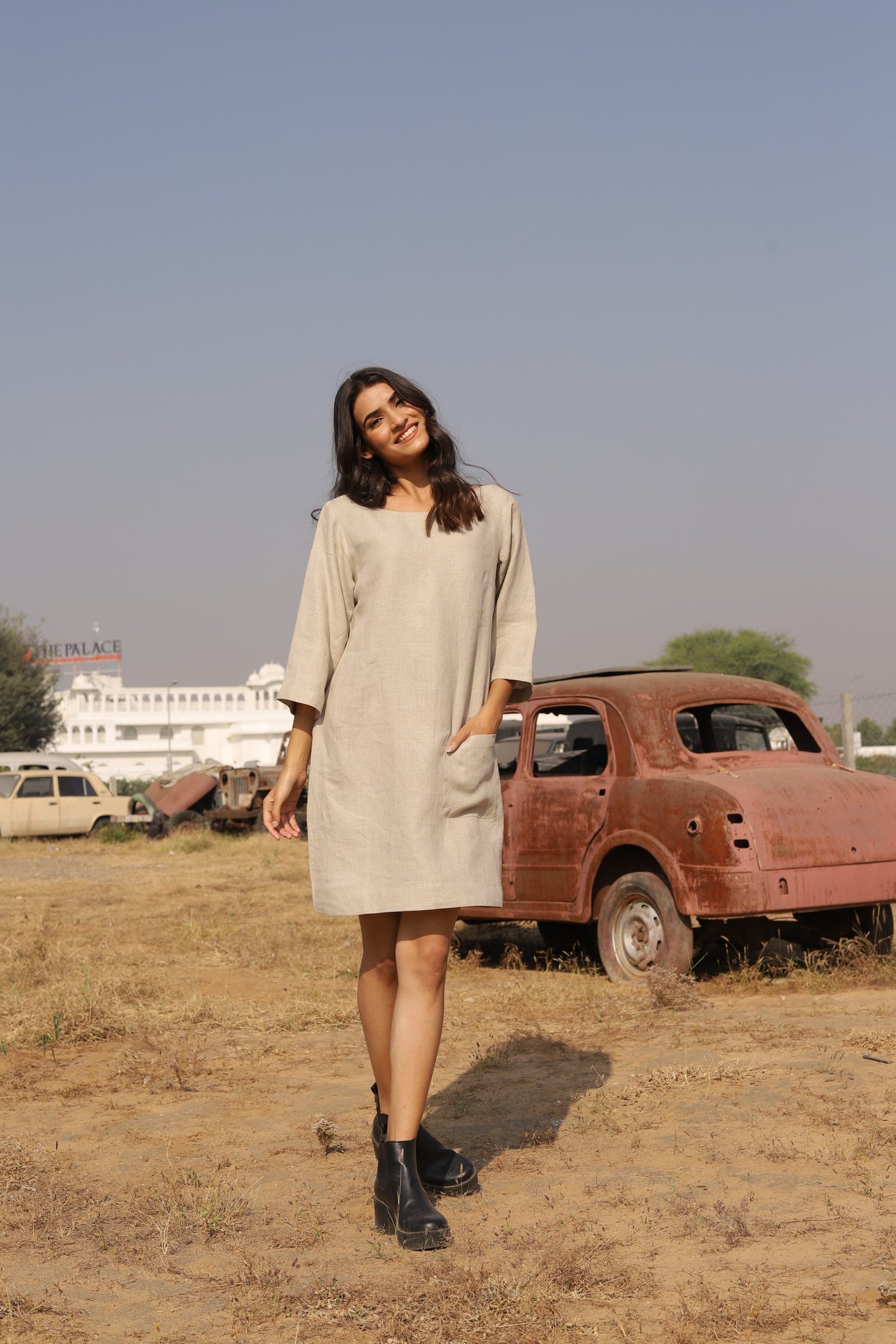 Natural boxy linen shift in washed linen, photographed in Jaipur