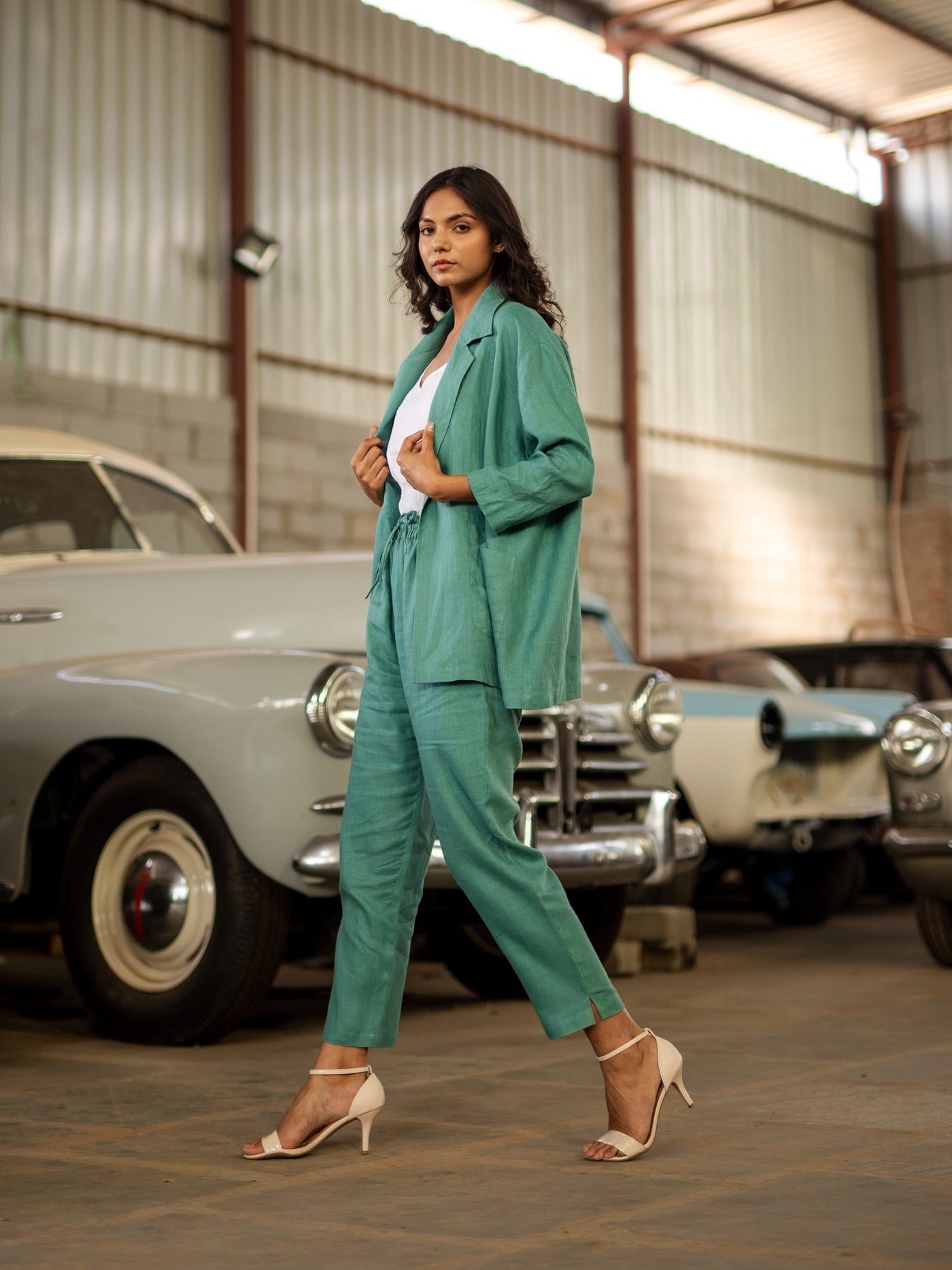 Sea Green linen shirt and trouser set in washed linen, photographed in Jaipur