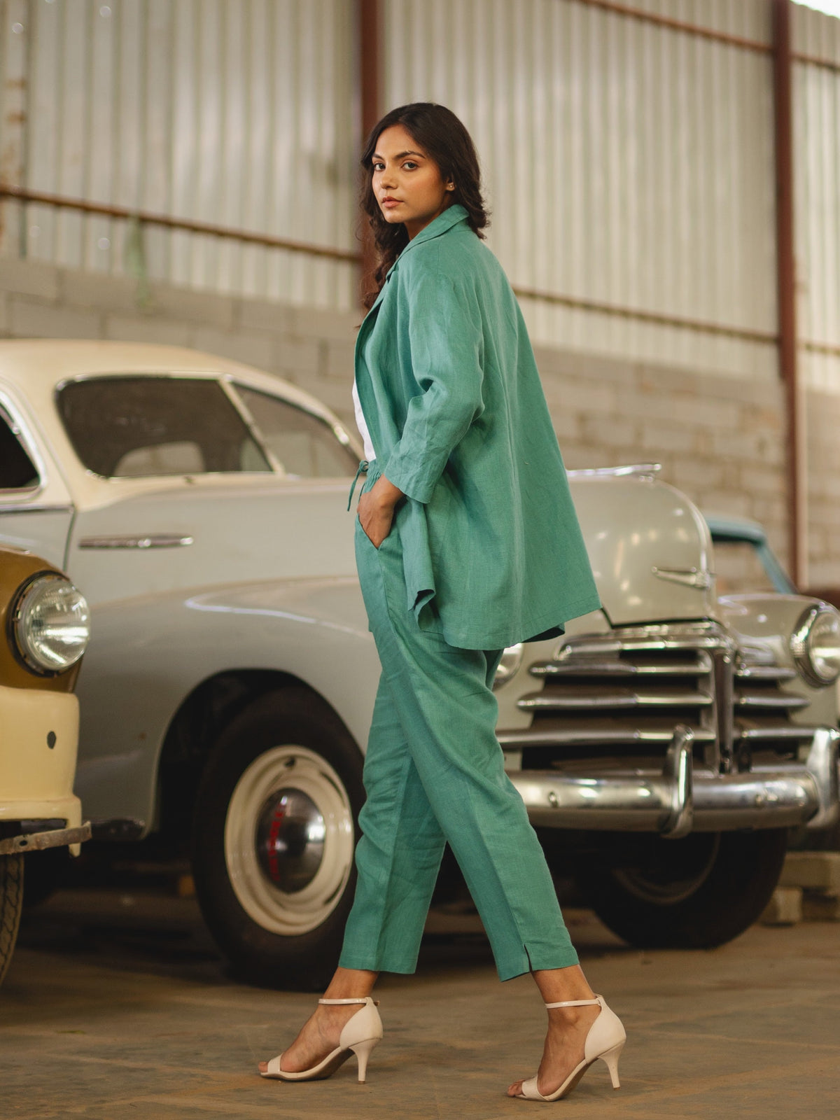 Sea Green linen shirt and trouser set in washed linen, photographed in Jaipur
