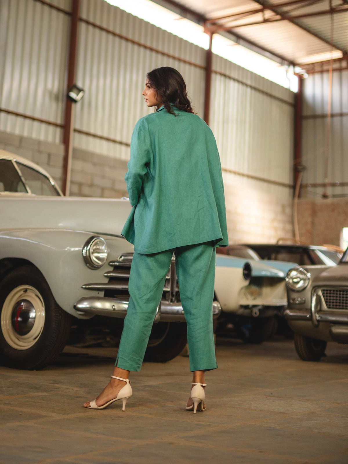 Sea Green linen shirt and trouser set in washed linen, photographed in Jaipur