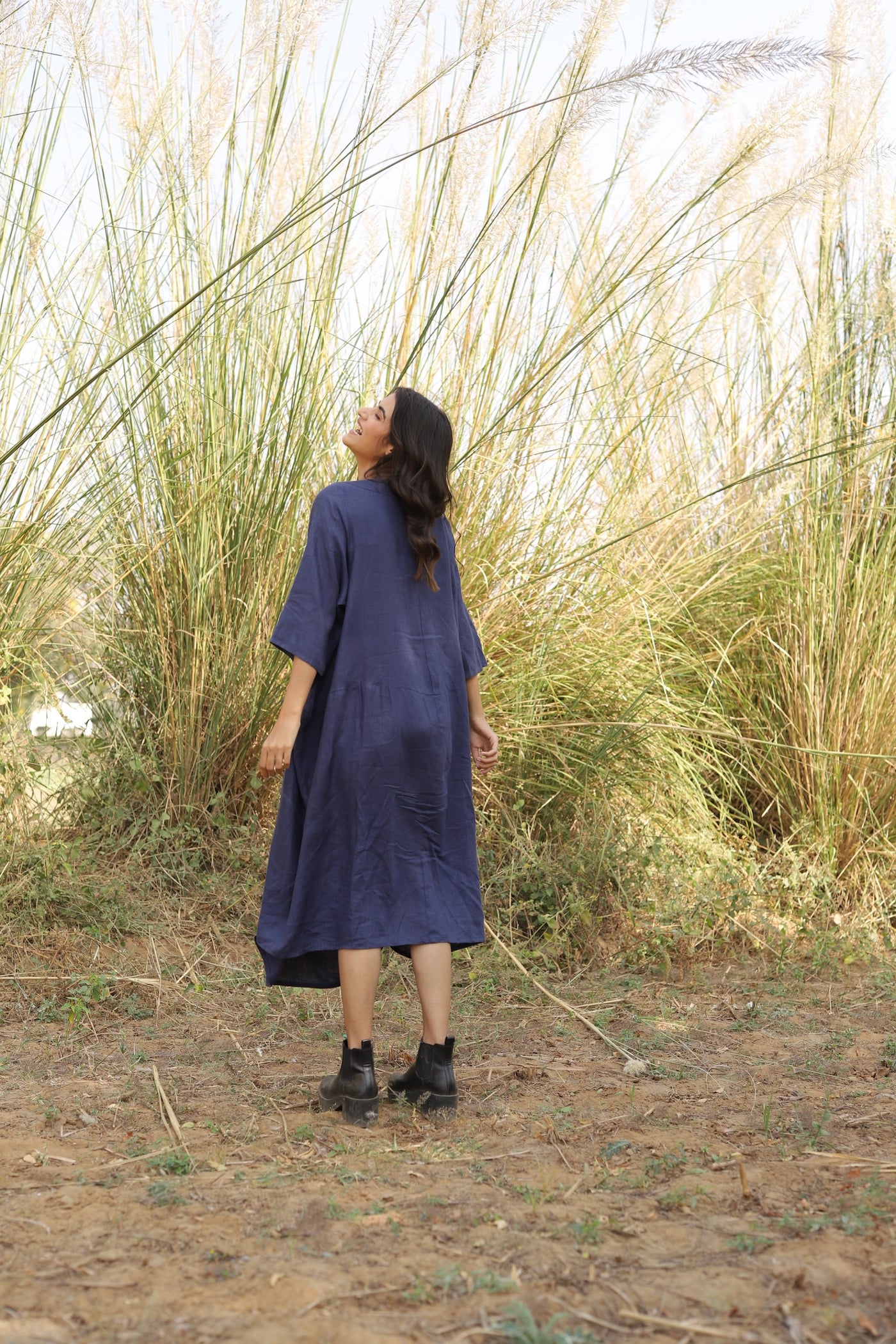 Navy batwing linen kaftan in washed linen, photographed in Jaipur