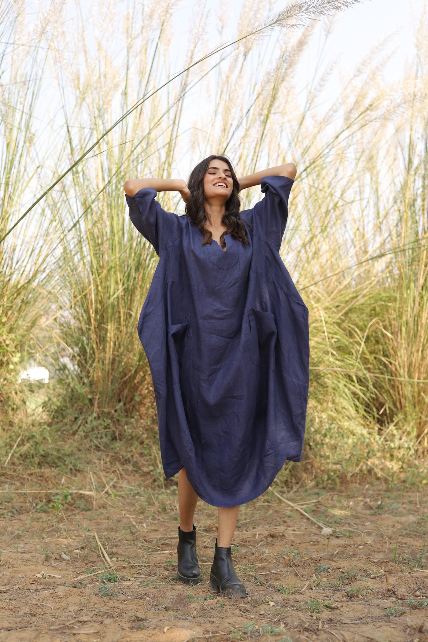 Navy batwing linen kaftan in washed linen, photographed in Jaipur