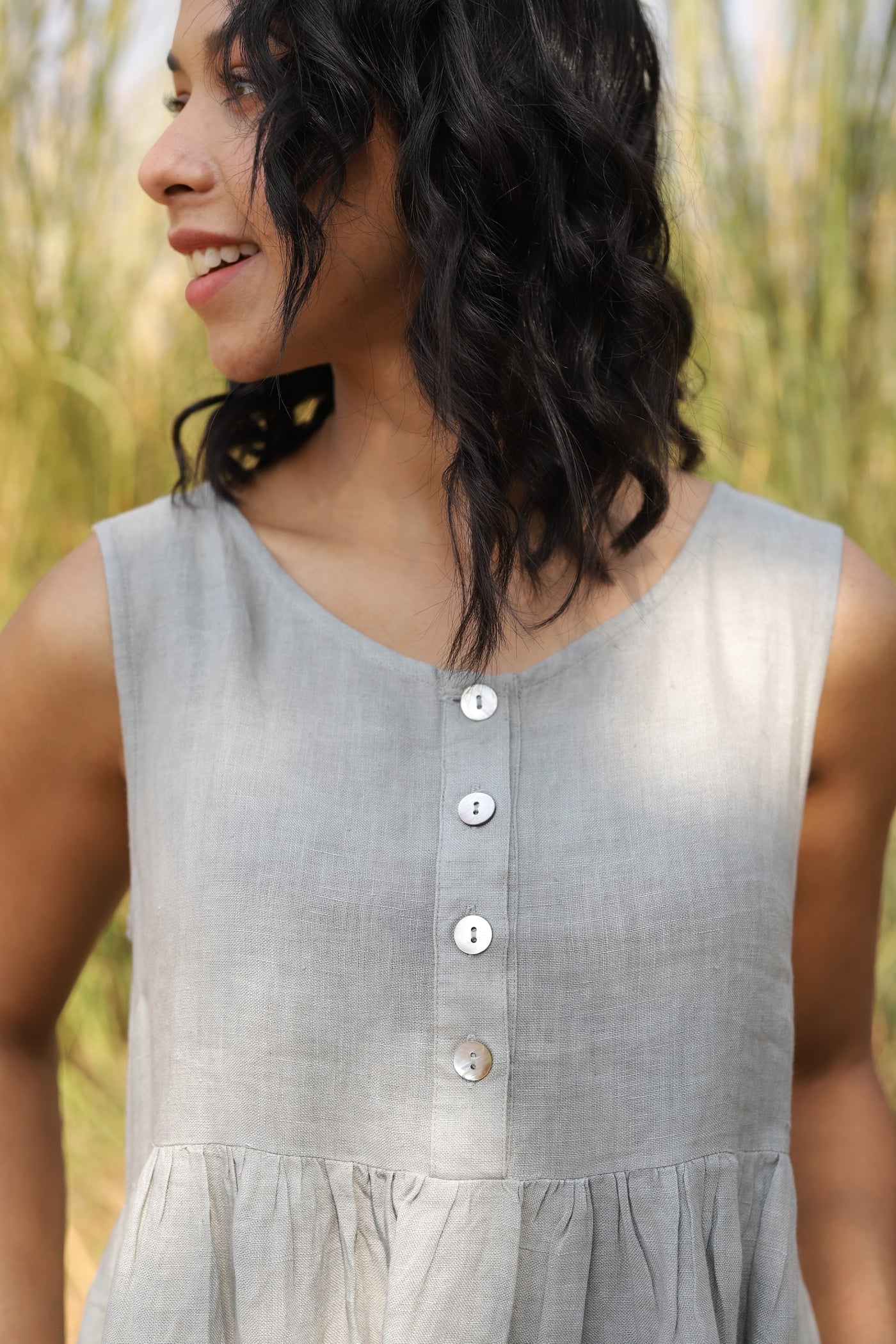 Pale Grey button front gathered midi in washed linen, photographed in Jaipur