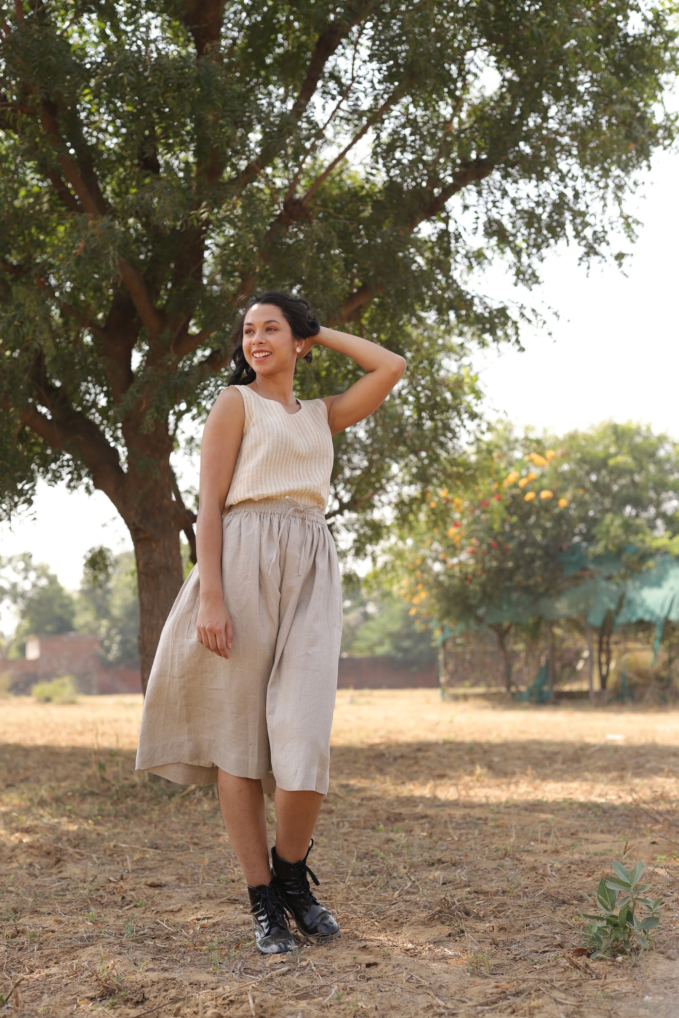 Natural gathered linen midi skirt in washed linen, photographed in Jaipur