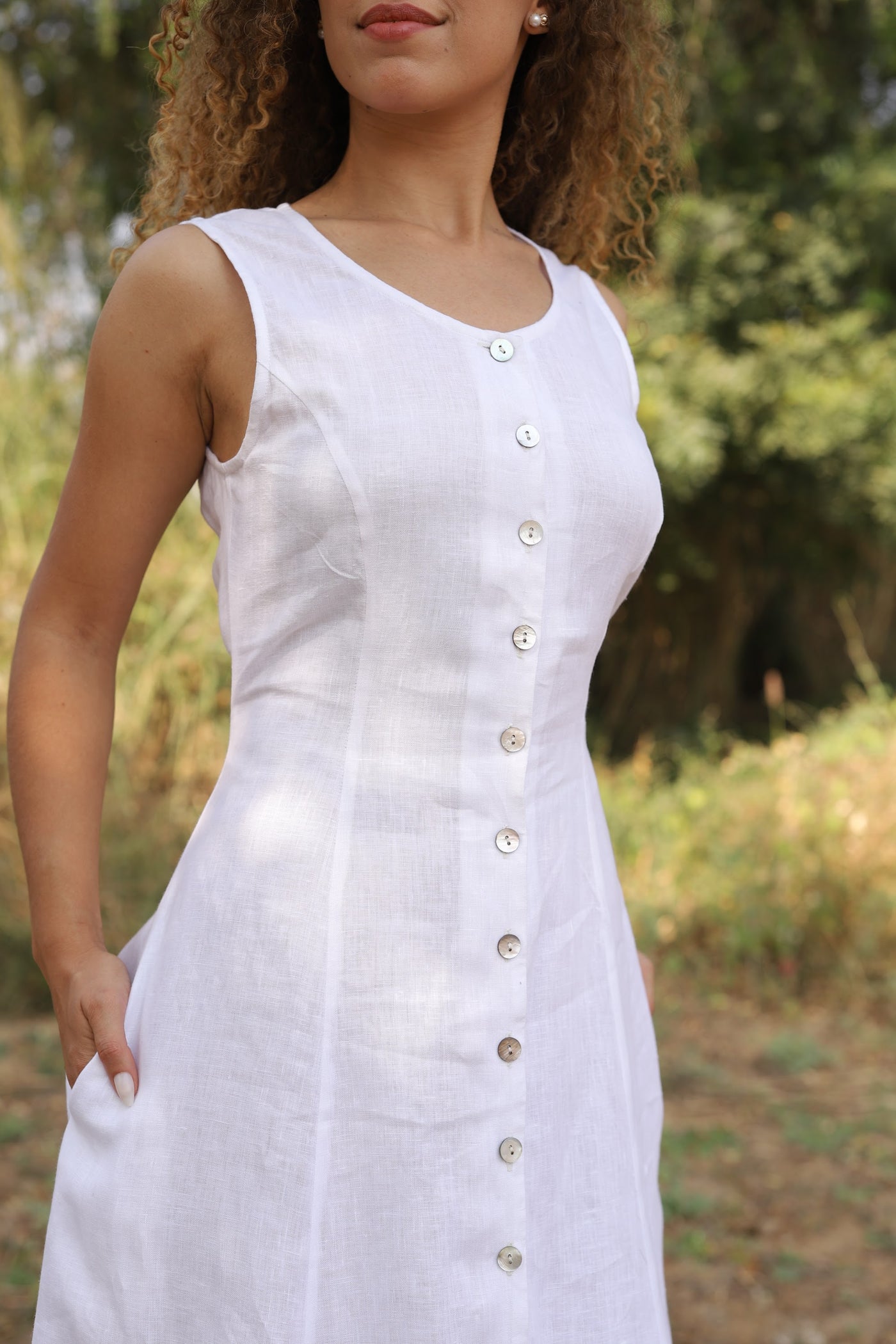 White button front linen midi in washed linen, photographed in Jaipur