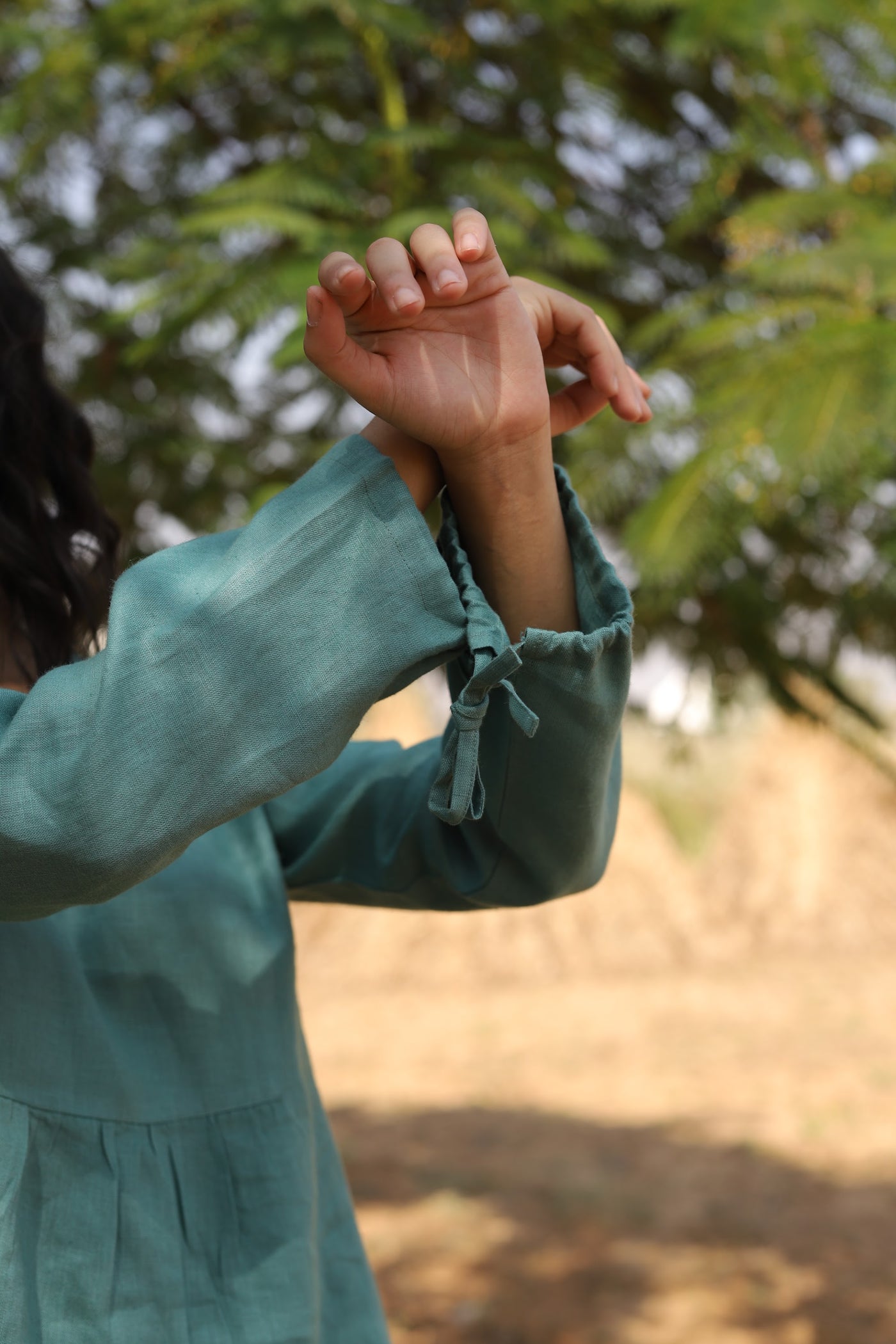 Sea Green linen tunic and trouser set in washed linen, photographed in Jaipur