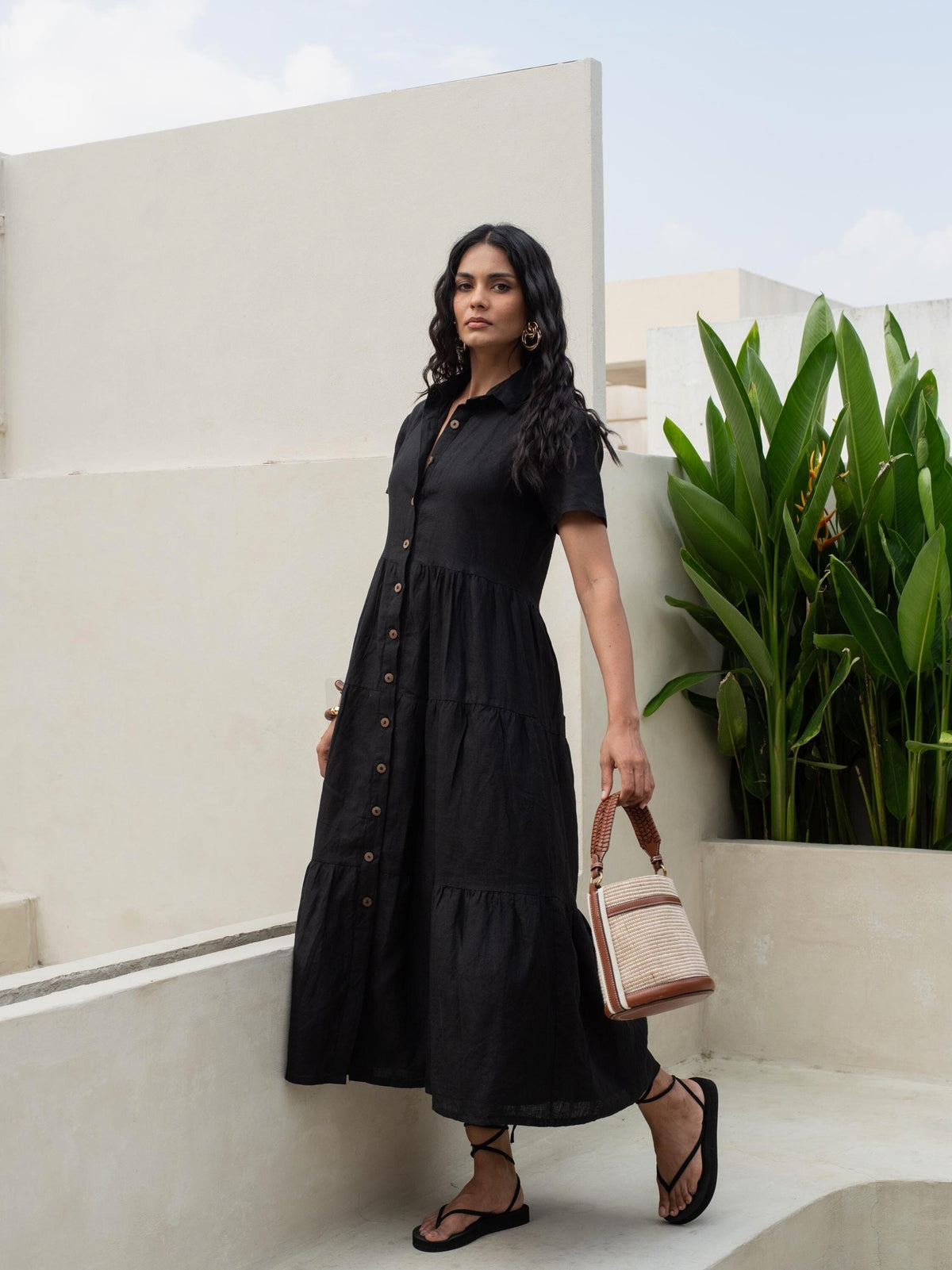 Tiered Linen Shirt Dress in washed linen, Ellementree