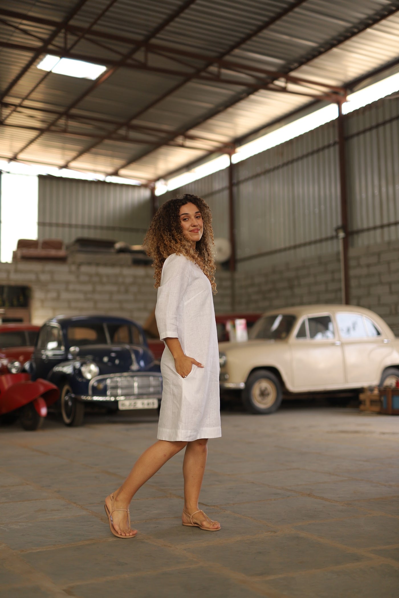 Ivory oversized linen shift in washed linen, photographed in Jaipur
