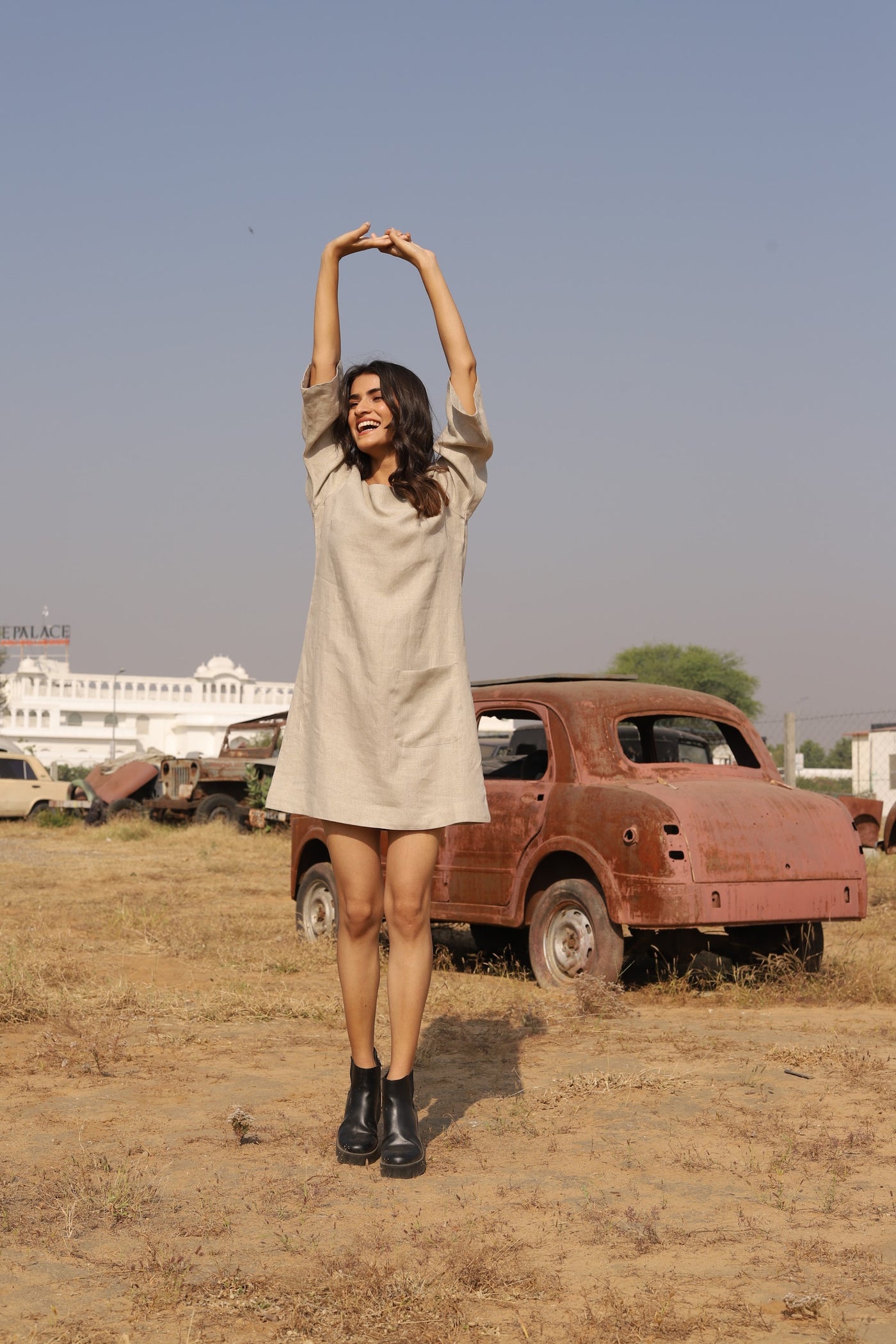 Natural boxy linen shift in washed linen, photographed in Jaipur